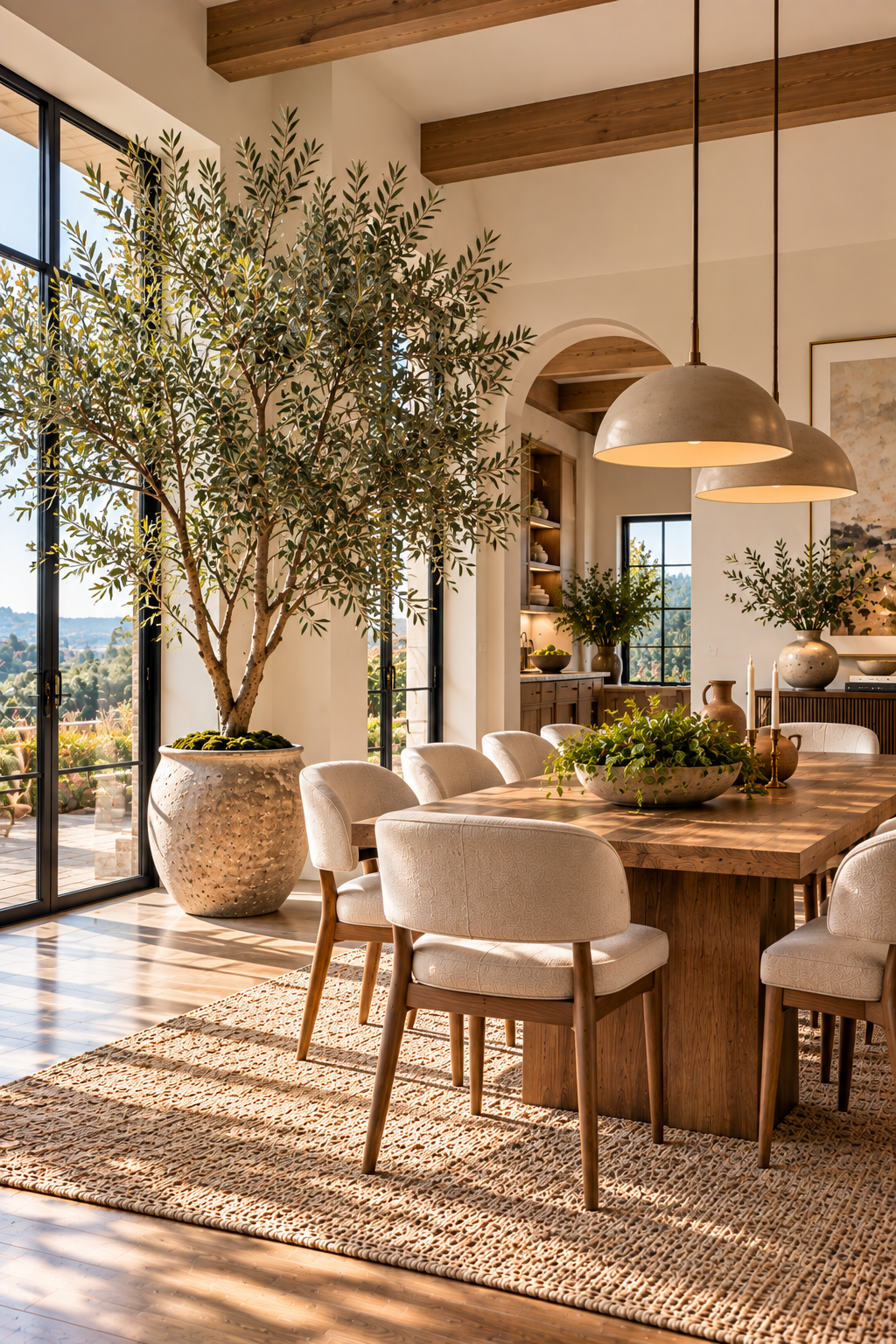 Extra-tall faux ficus tree styled in a spacious dining room