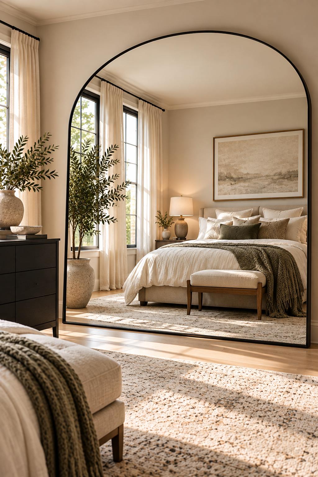 Extra-wide arched floor mirror in a small bedroom
