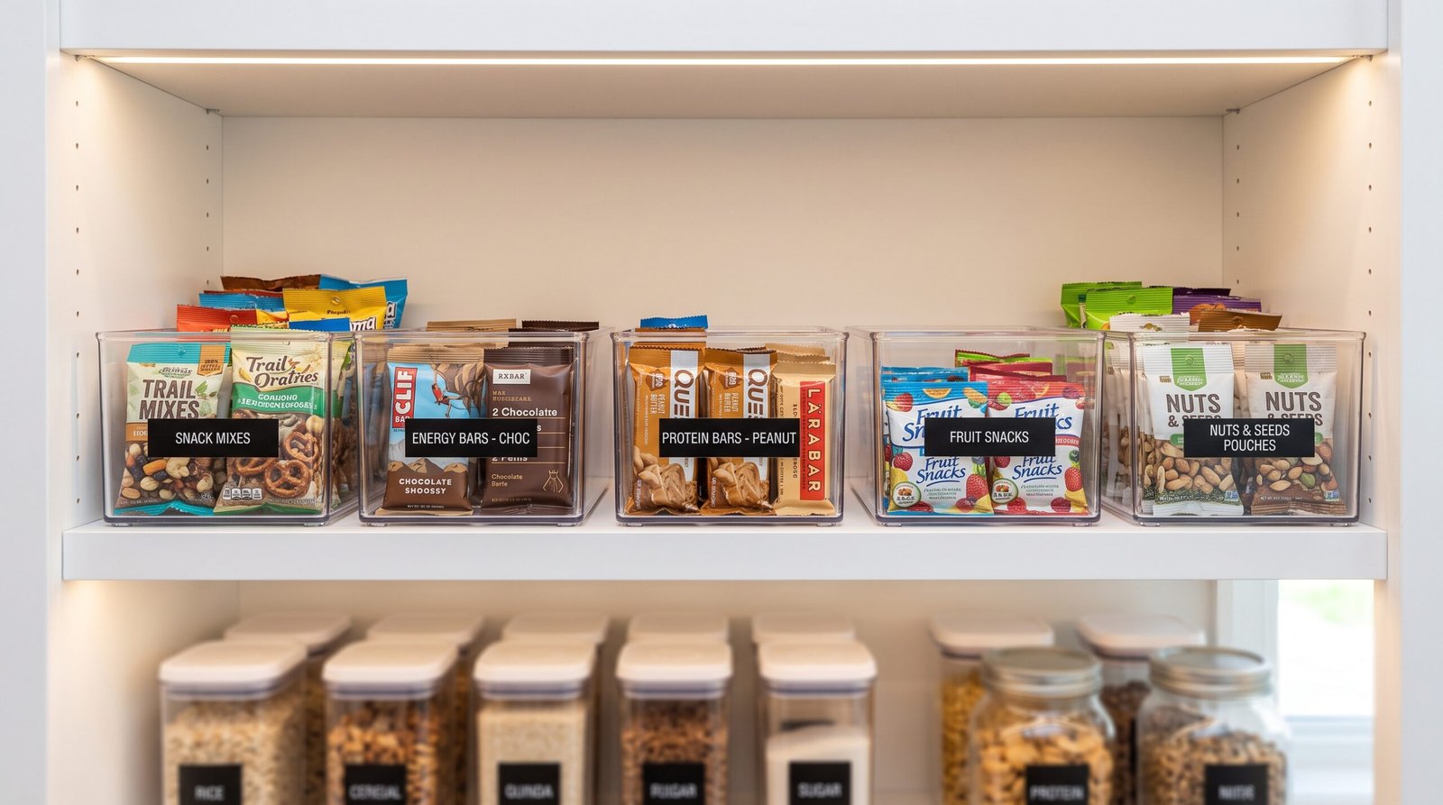 walk-in pantry organization ideas with clear bins eye level snack shelves