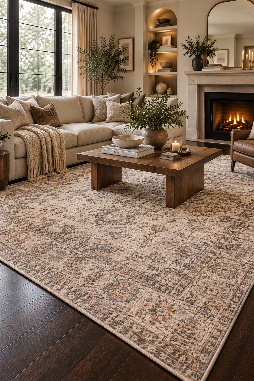 Faded vintage neutral area rug in beige and taupe layered over dark wood floors