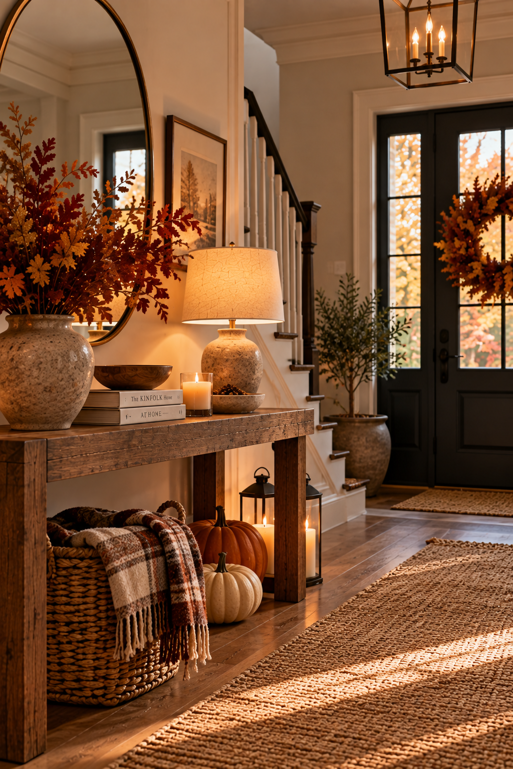 Fall entryway console styled with warm lighting and seasonal accents
