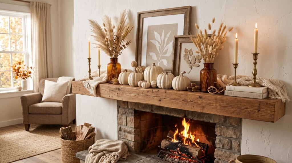 fall mantel decorating ideas using warm neutrals with cream pumpkins and amber vases