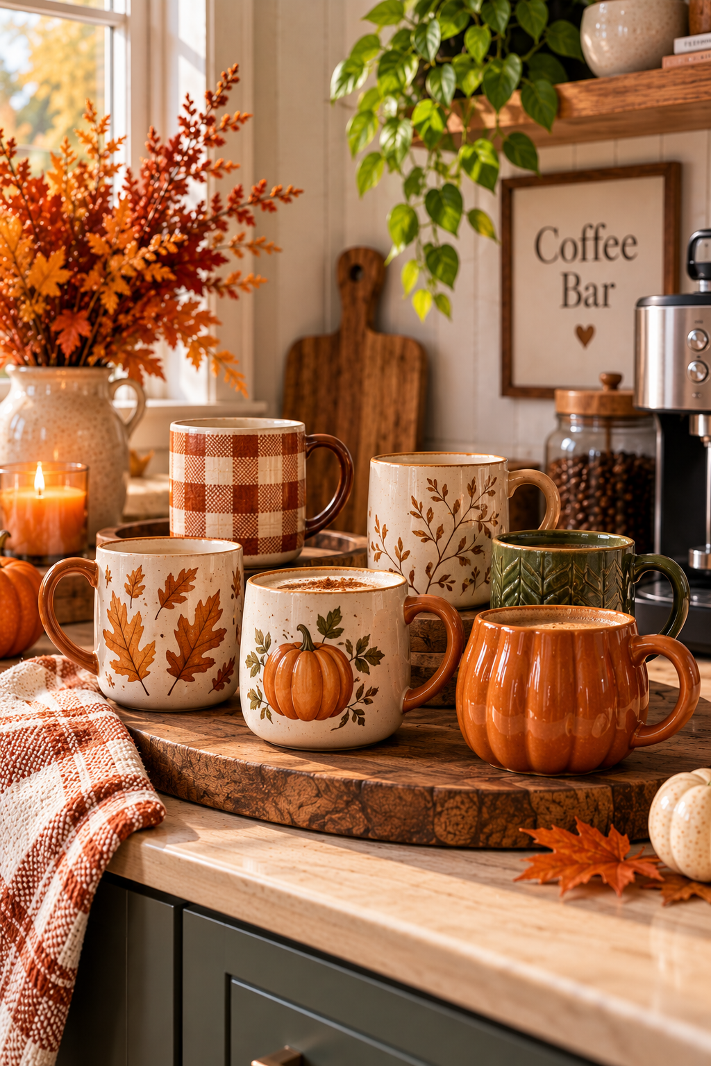 Fall-themed ceramic mugs for cozy fall coffee bar ideas