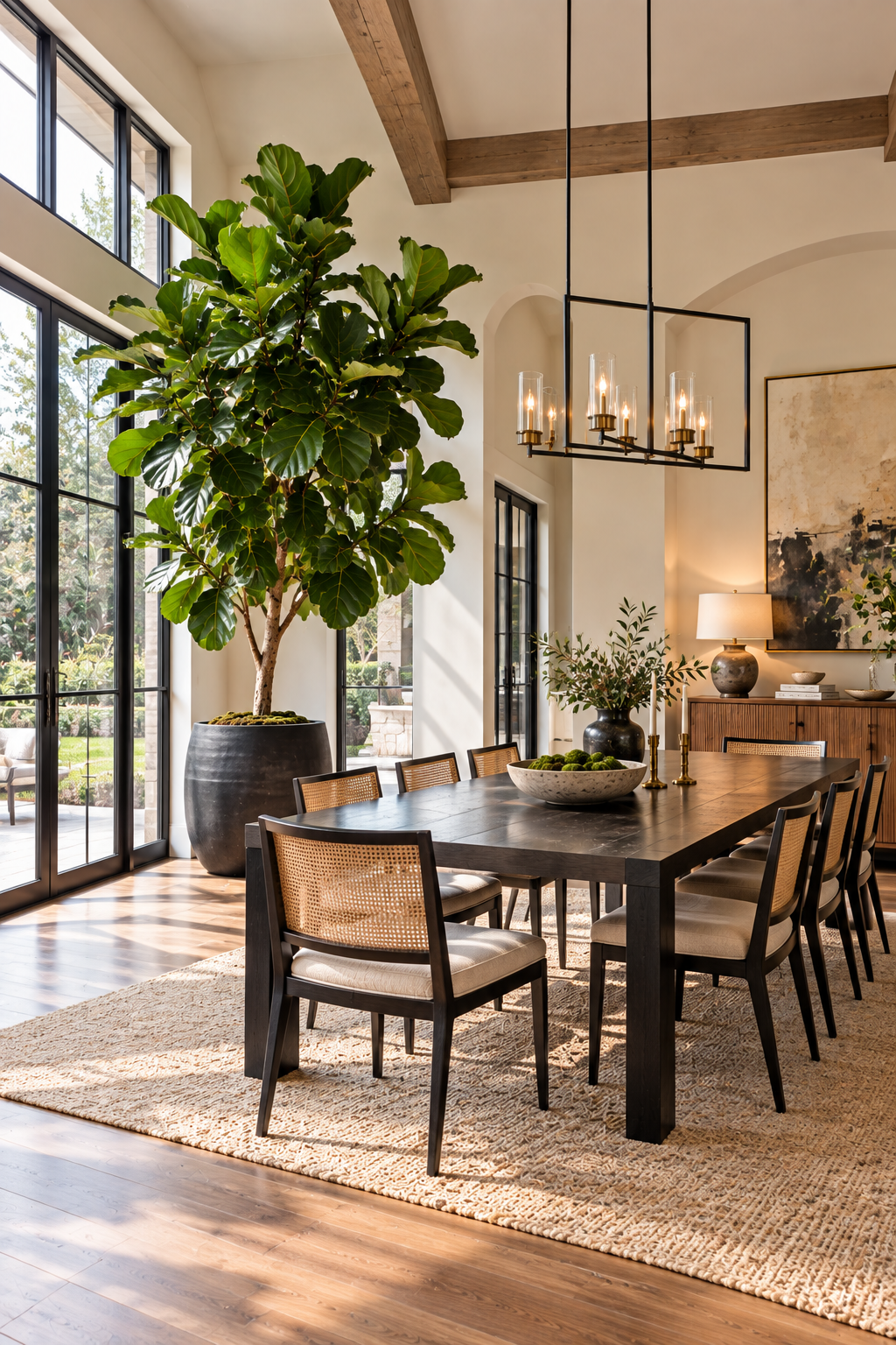 Faux fiddle leaf fig tree styled in a spacious modern dining room