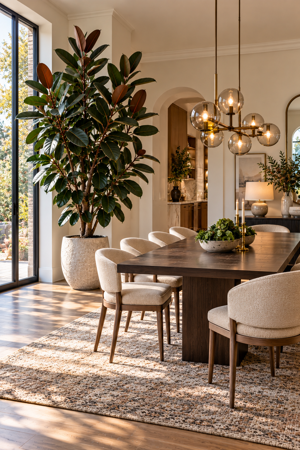 Faux rubber tree with dark green leaves styled in a modern dining room