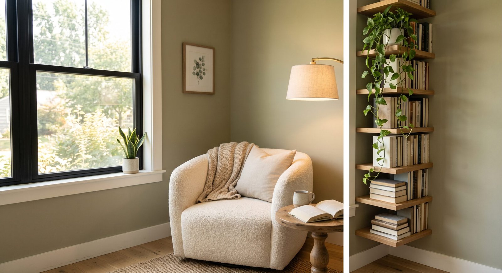 reading nook setup ideas featuring floating corner bookshelves