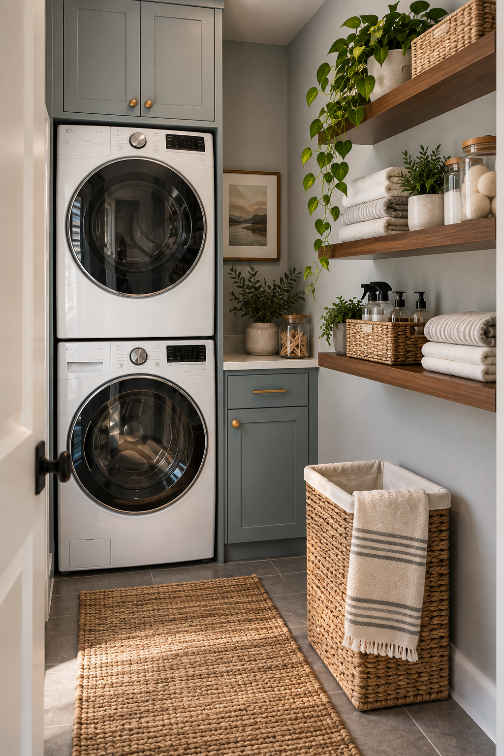 Floating shelves above a washer in a small laundry room
