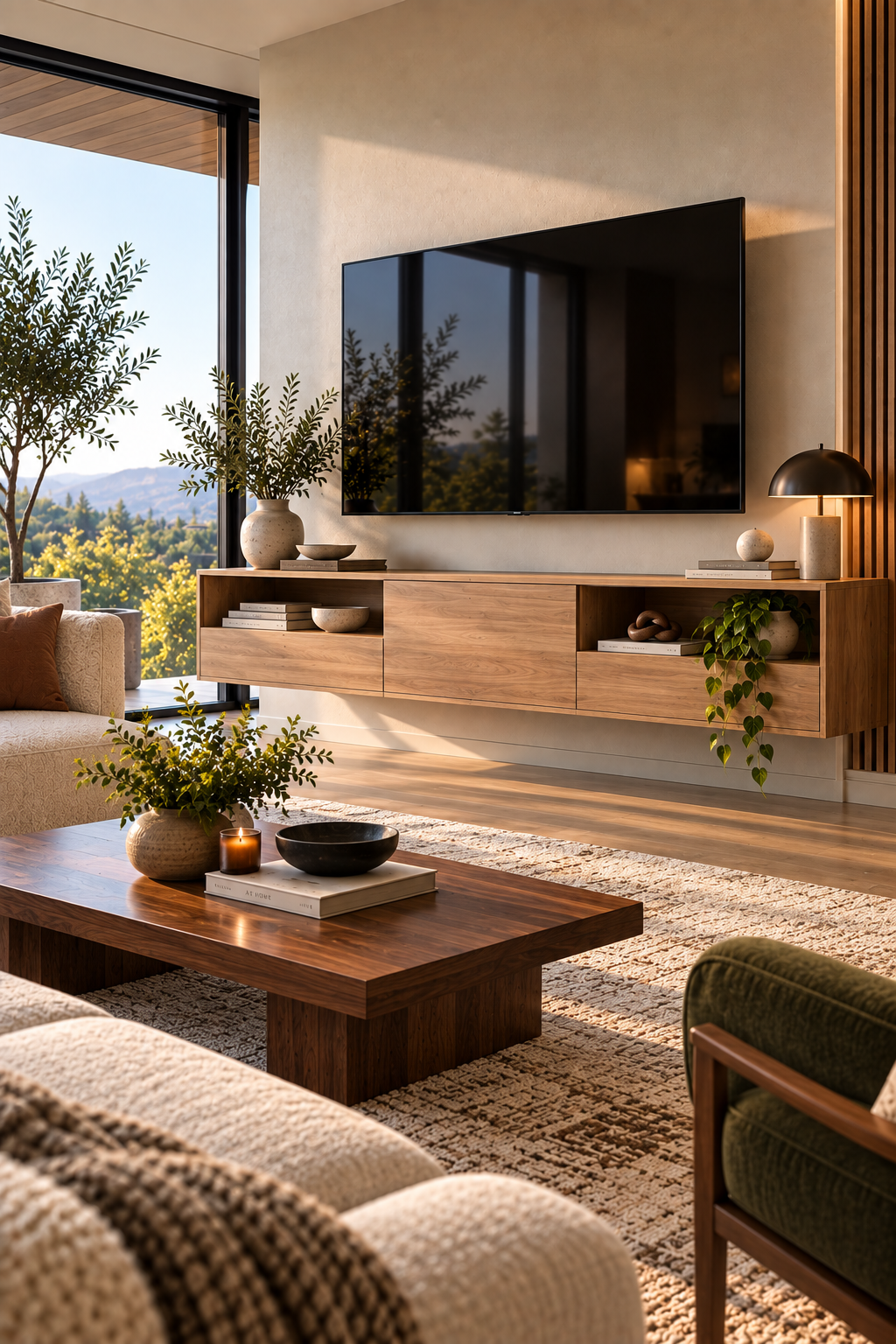 Minimalist floating TV console with open shelves and cable management in a modern living room