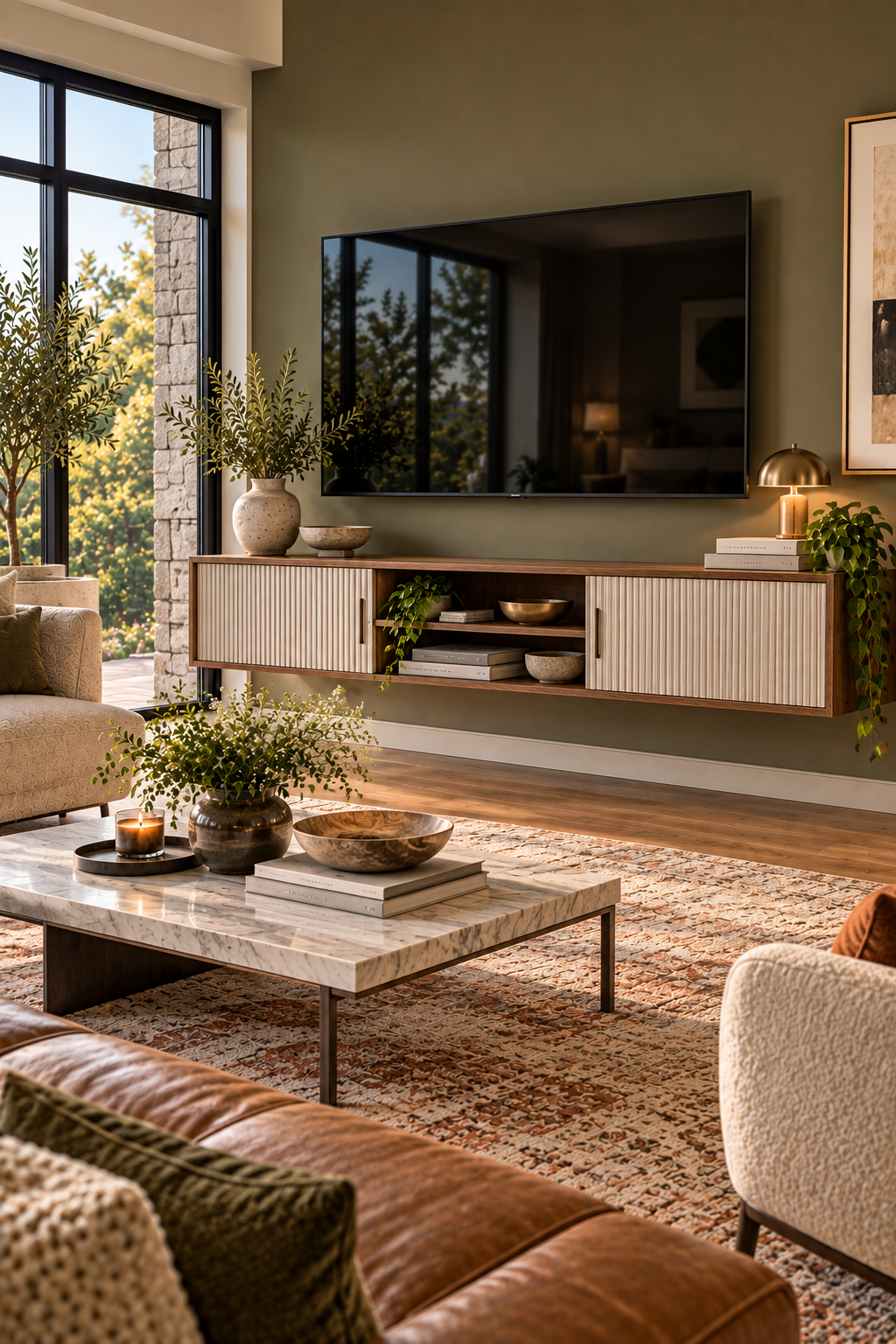 Floating TV console with sliding doors and hidden cable management in a modern living room
