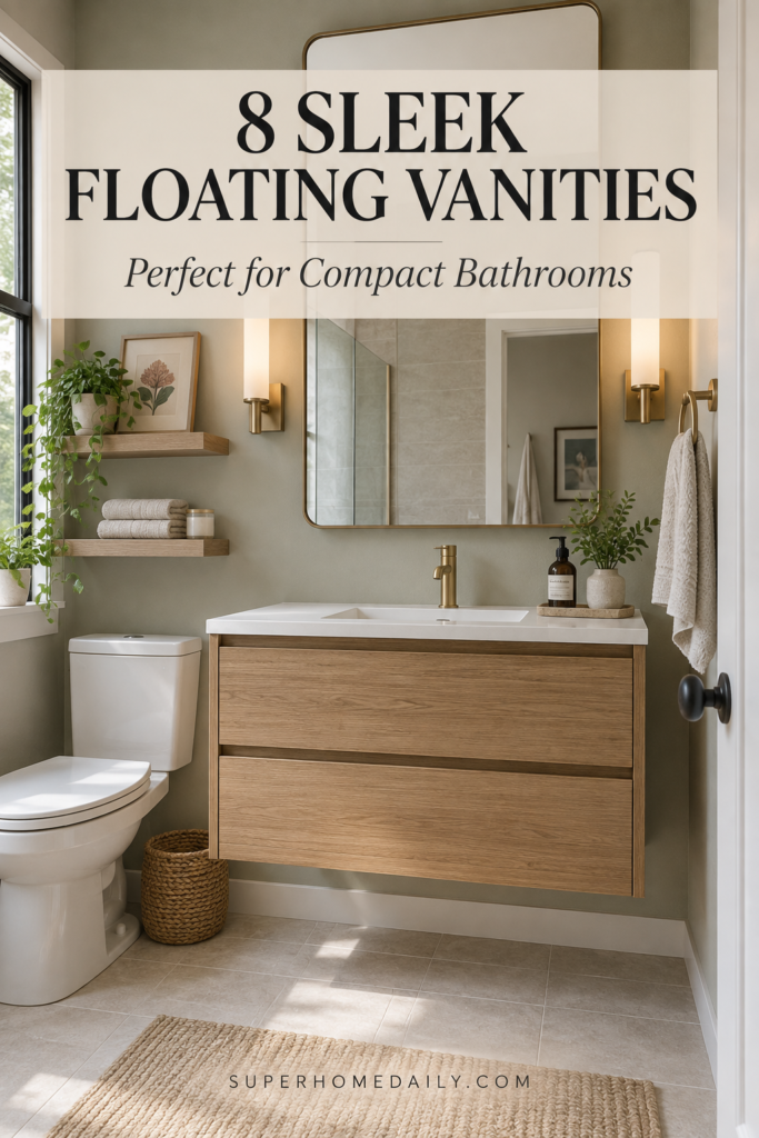 Floating vanities for compact bathrooms featuring a sleek oak wall-mounted vanity