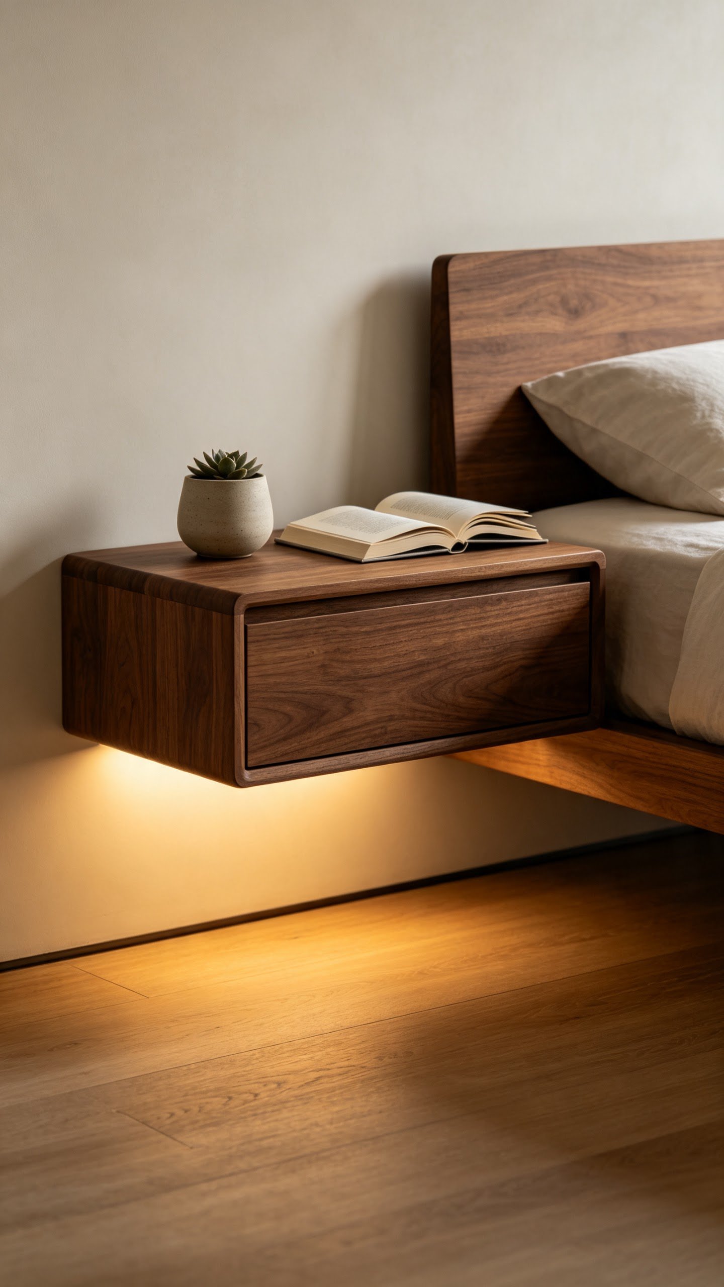 trending nightstand designs featuring floating wall mounted wood drawer
