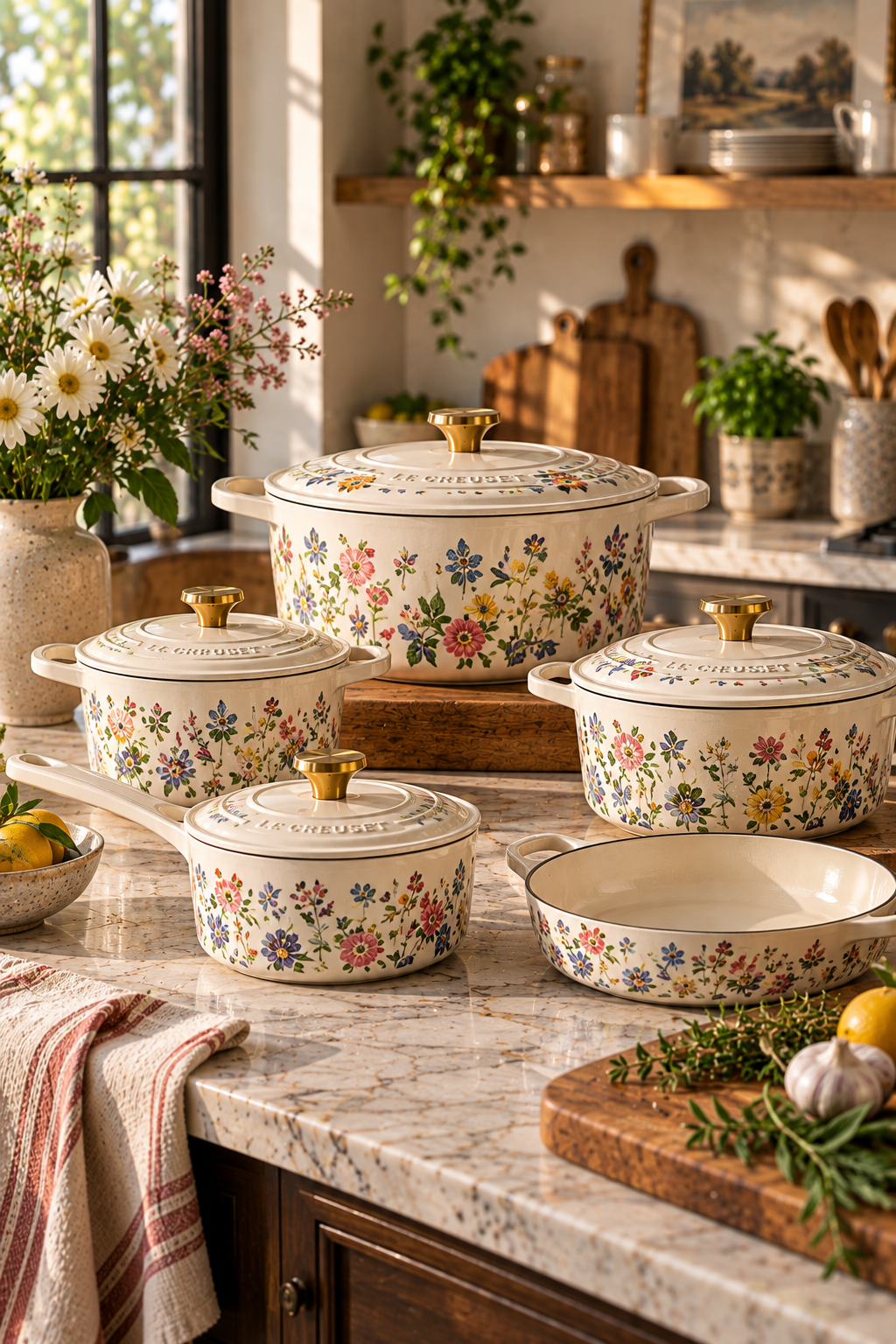 Floral pattern cookware in a charming stylish kitchen