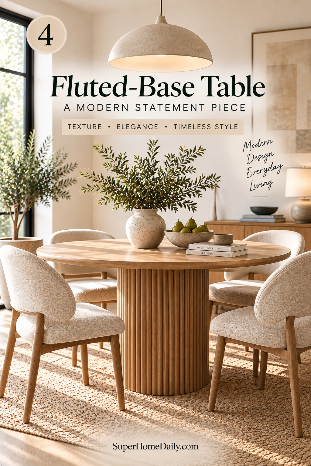 Fluted base modern organic dining table with a warm natural wood finish