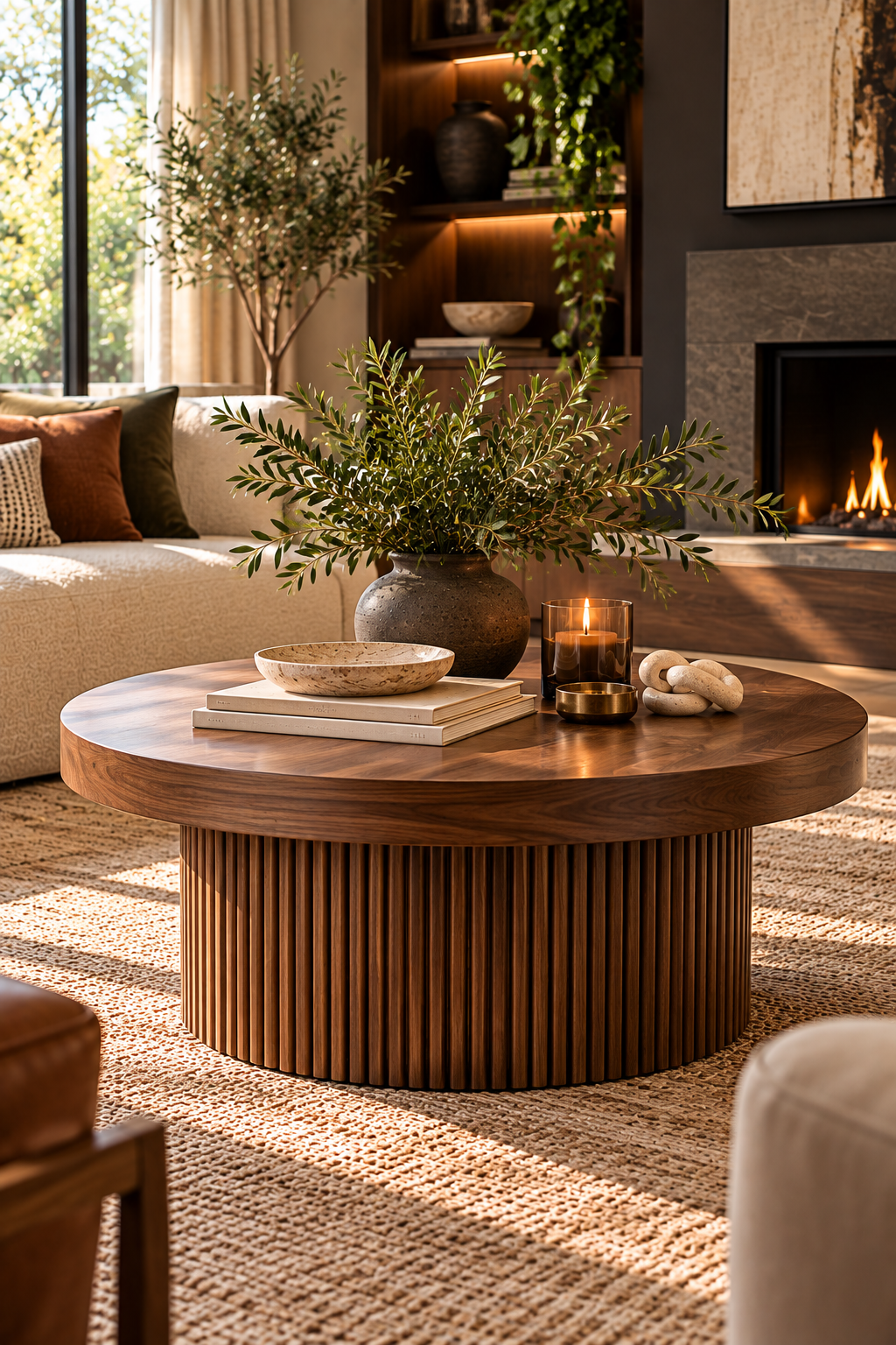 Fluted walnut statement coffee table in a stylish modern living room