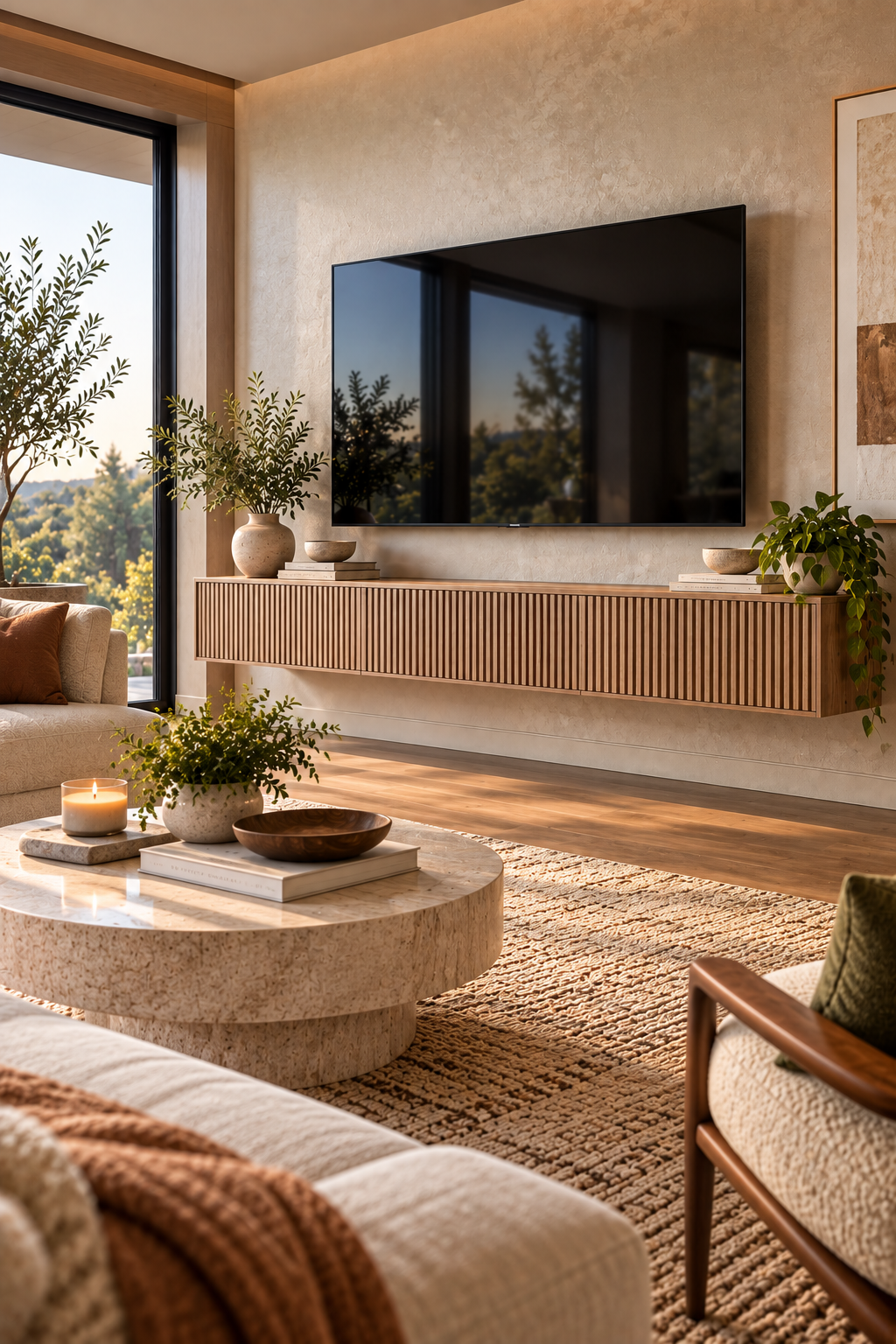 Fluted wood minimalist floating TV console with cable management in a modern living room