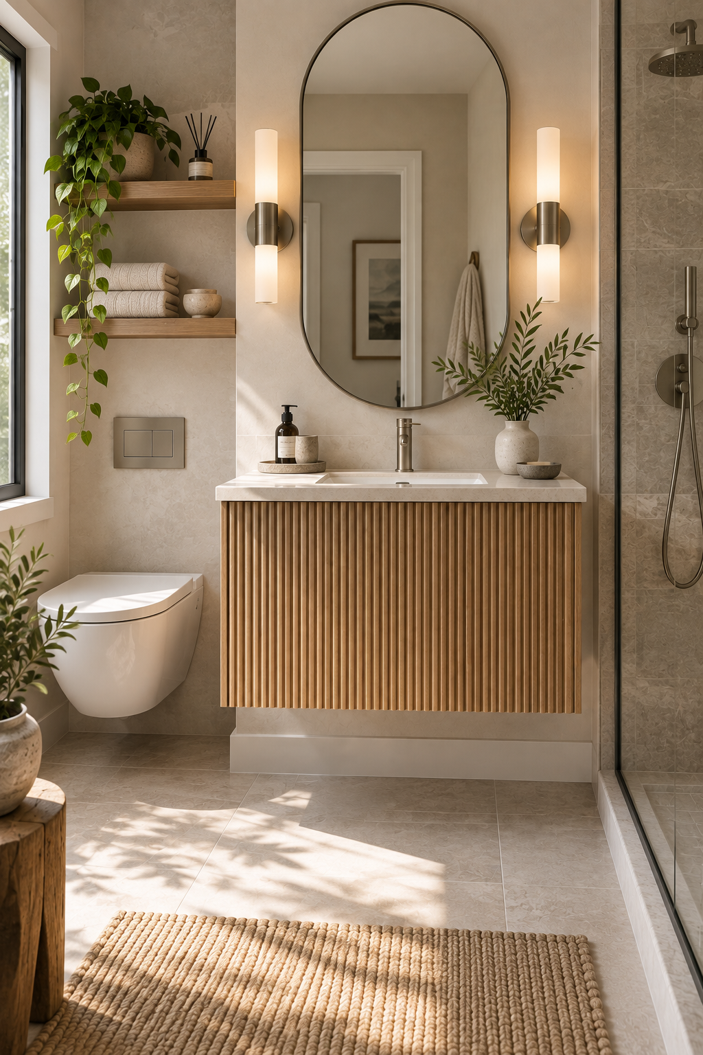 Fluted wood floating vanity adding texture to a compact modern bathroom