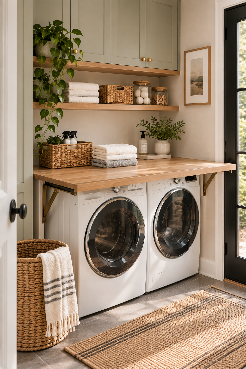 Folding counter over washer and dryer in a small laundry room