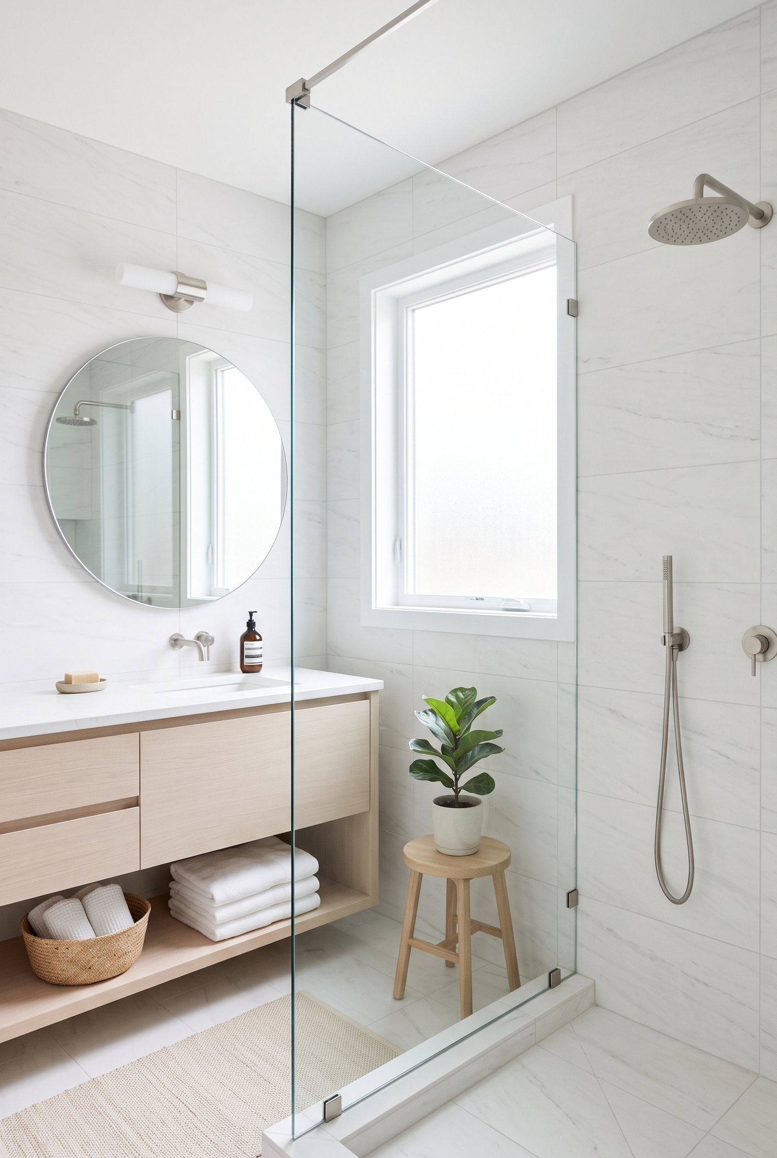 Frameless glass panel in a bright modern walk-in shower