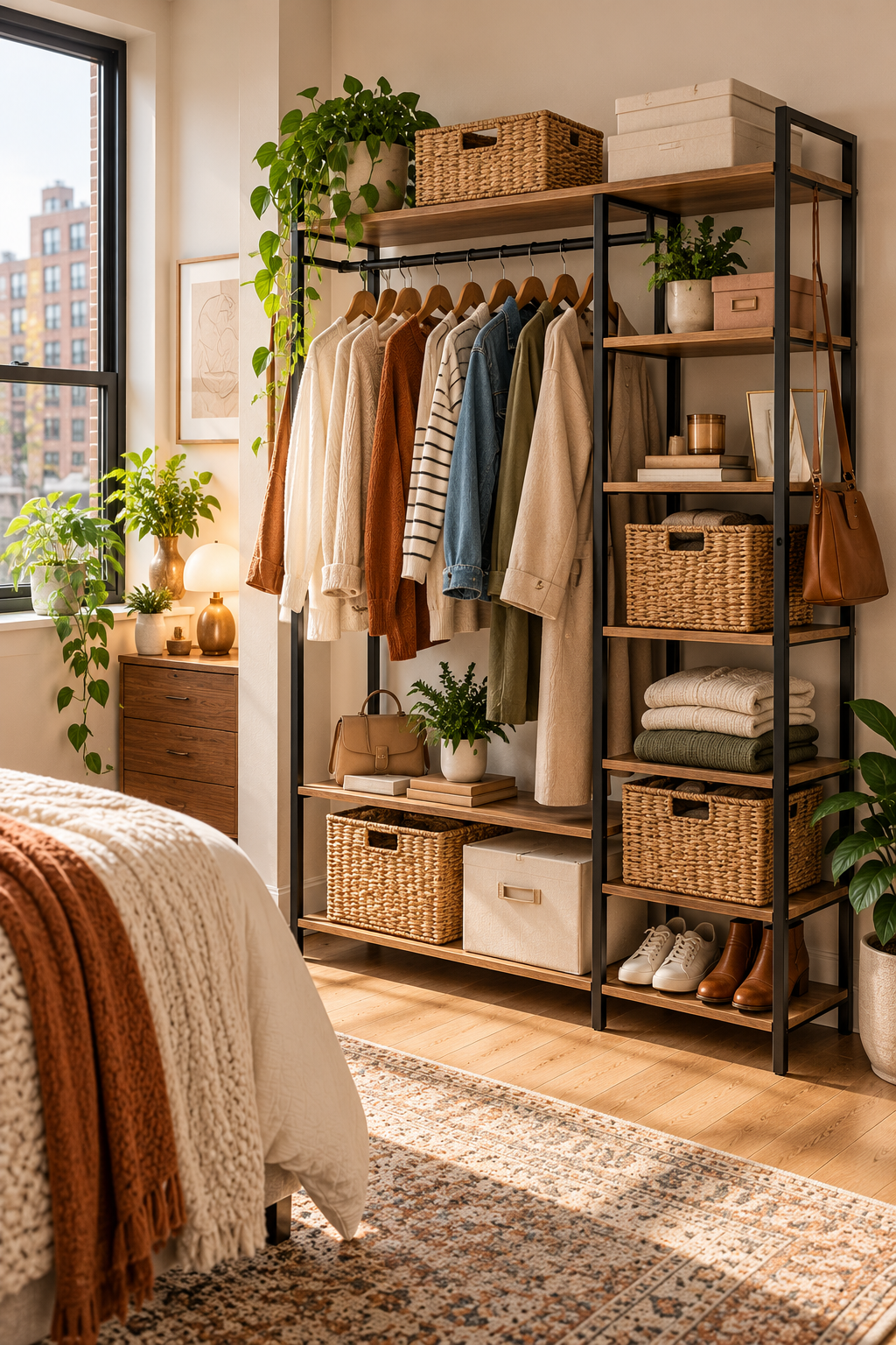Freestanding garment rack with shelves for storage in an apartment without closets