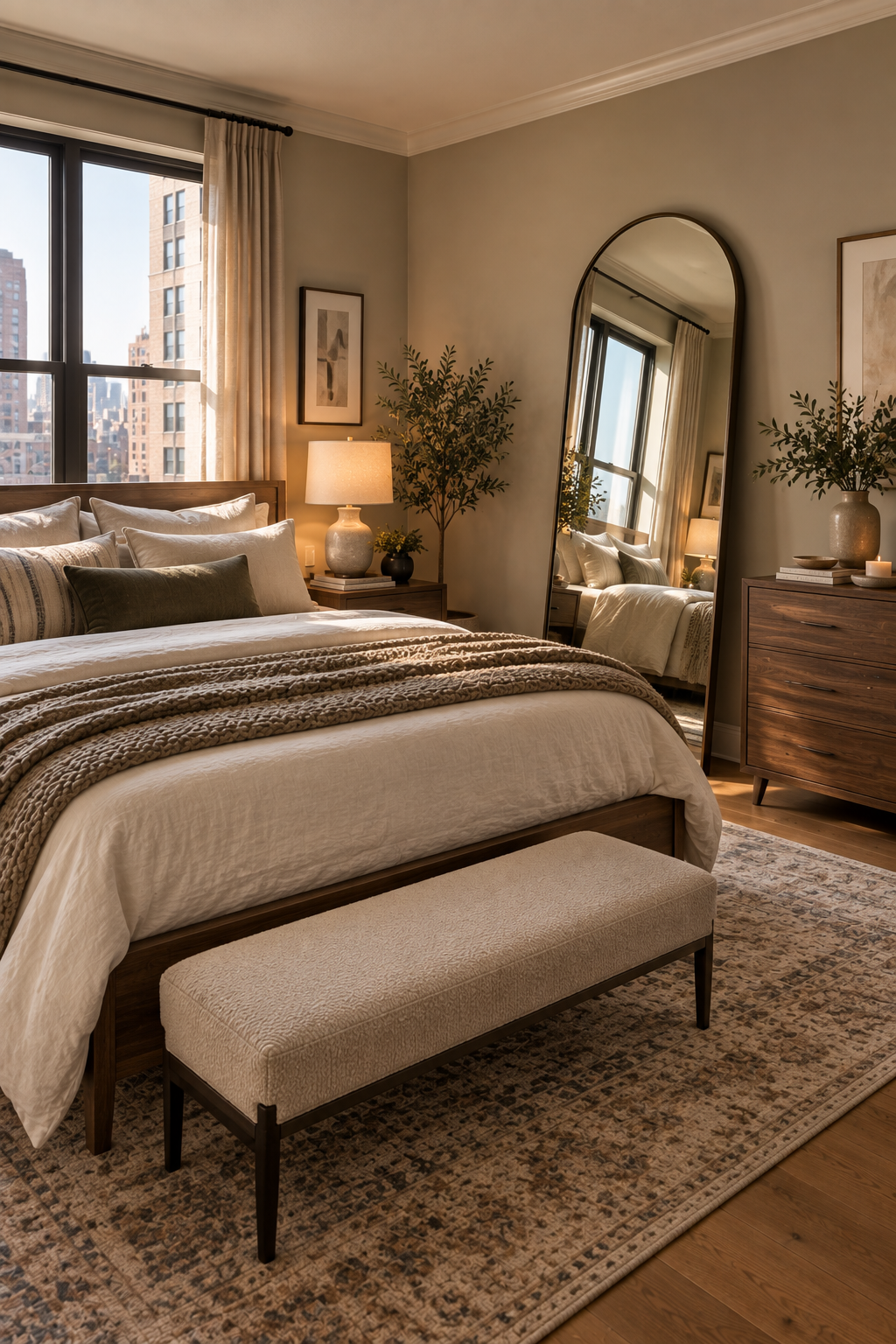 Arched full-length mirror making a cozy bedroom feel brighter and larger