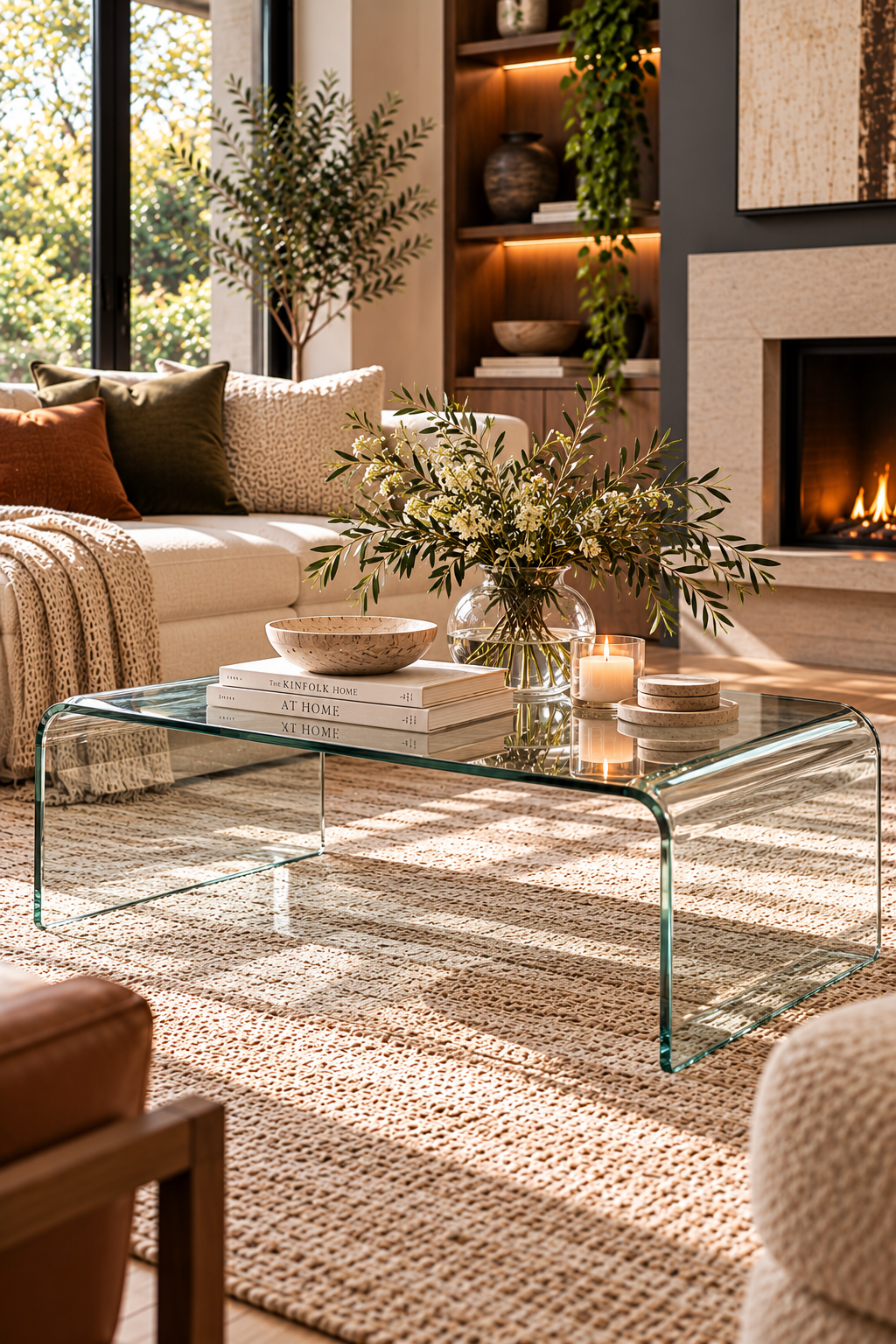 Modern glass waterfall statement coffee table in a contemporary living room