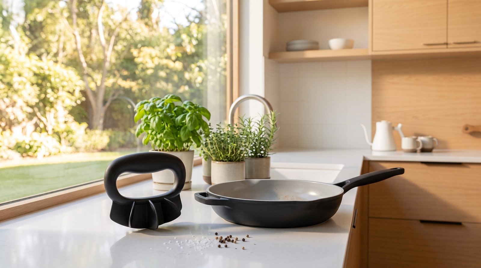 Matte black nylon ground meat masher resting next to ceramic skillet