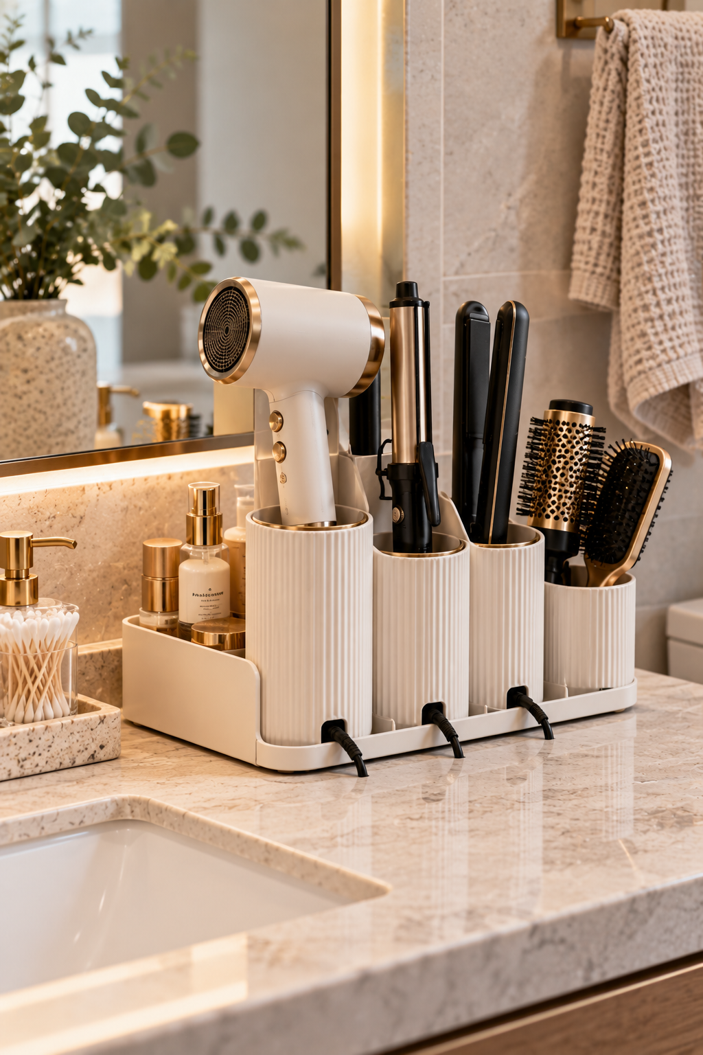 Hair tool organizer for modern bathroom storage and clutter-free counters