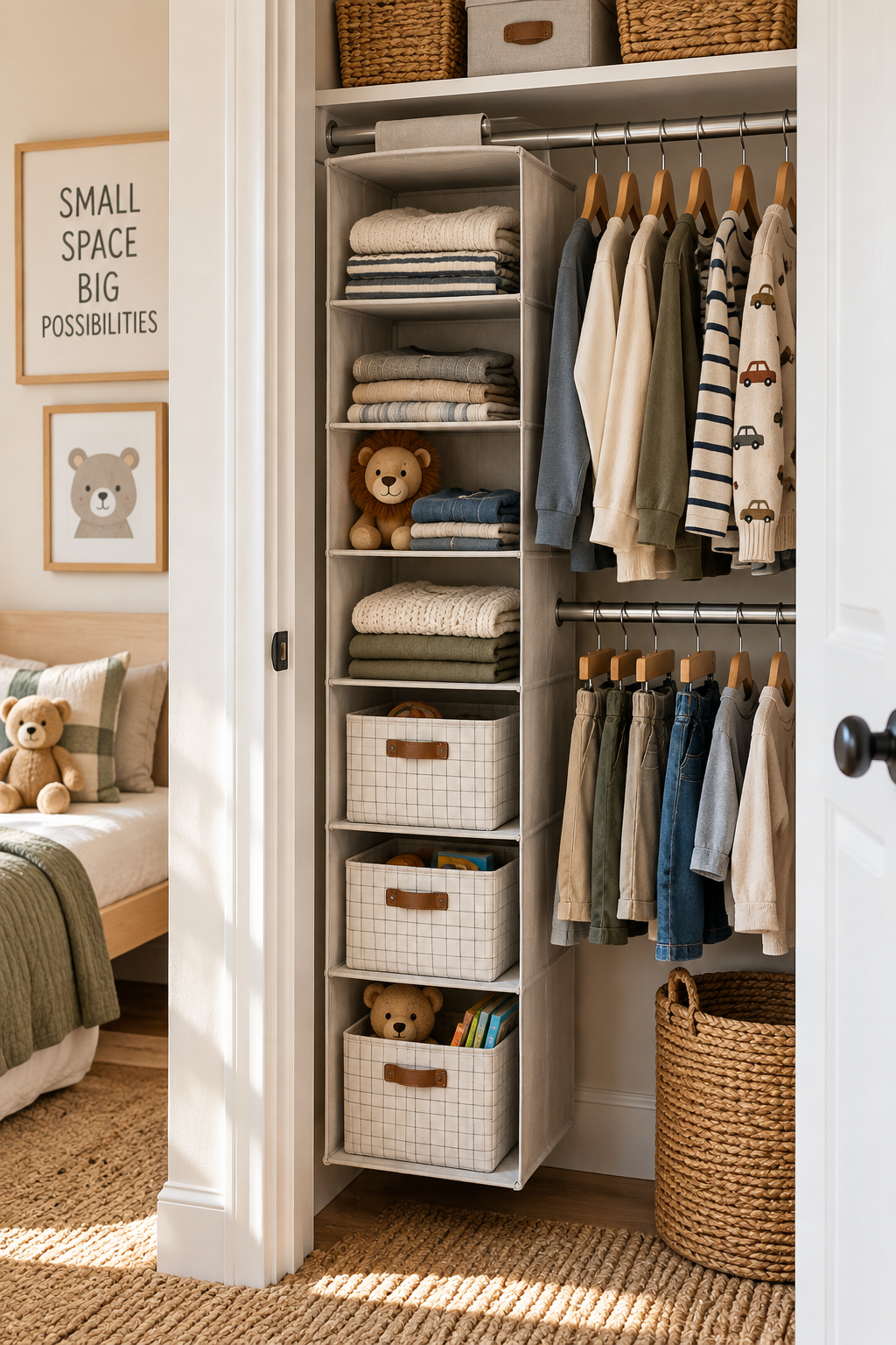 Hanging closet organizer for a small kids room