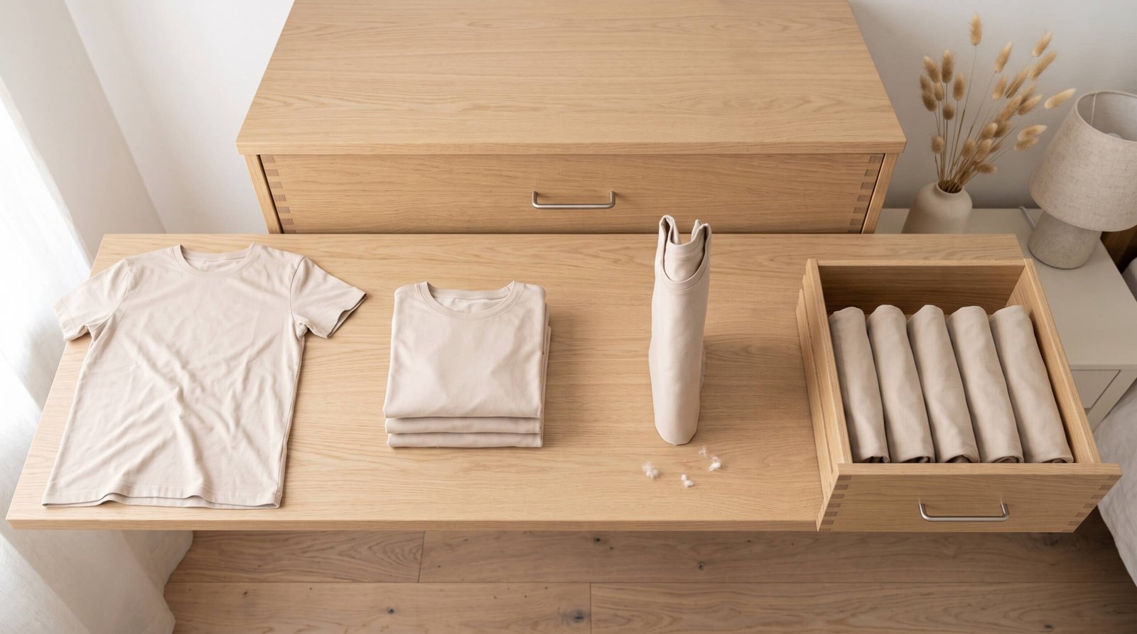 Cotton t-shirt folded into an upright rectangle using the file folding method