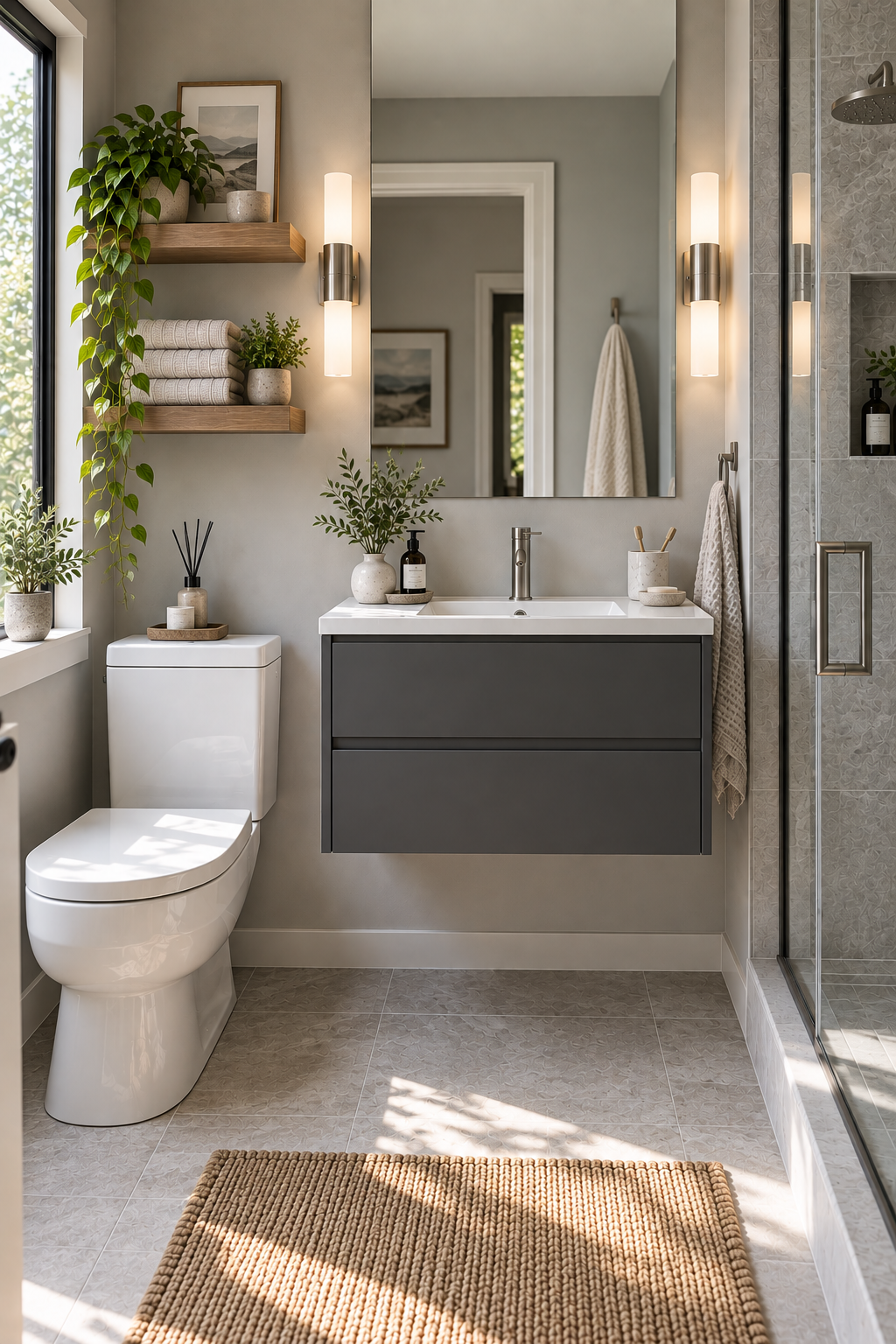Compact floating vanity with integrated sink in a modern small bathroom