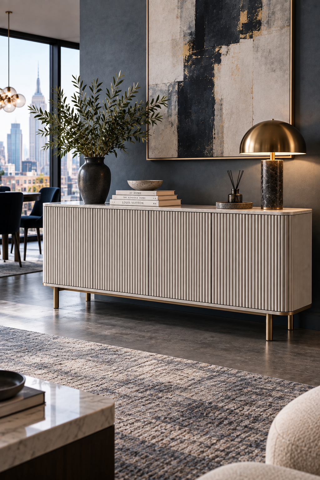 Ivory fluted wood credenza with elegant hidden storage in a modern living space