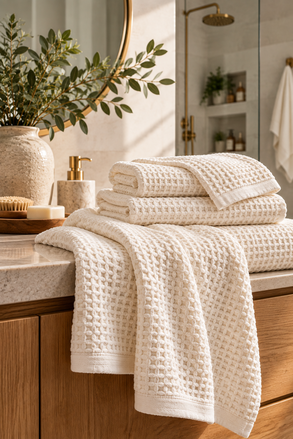 Ivory organic waffle weave bath towel in a bright modern bathroom