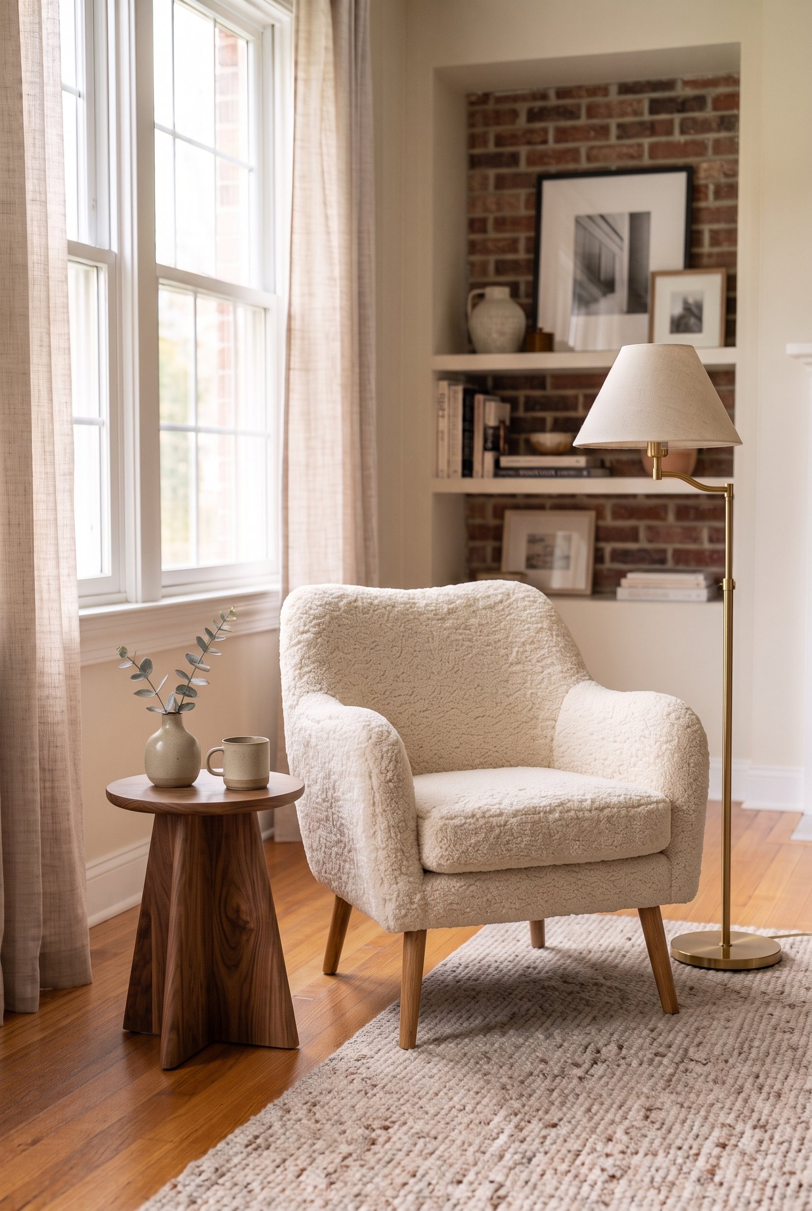 Ivory sherpa reading chair with warm wood legs in a cozy modern living room