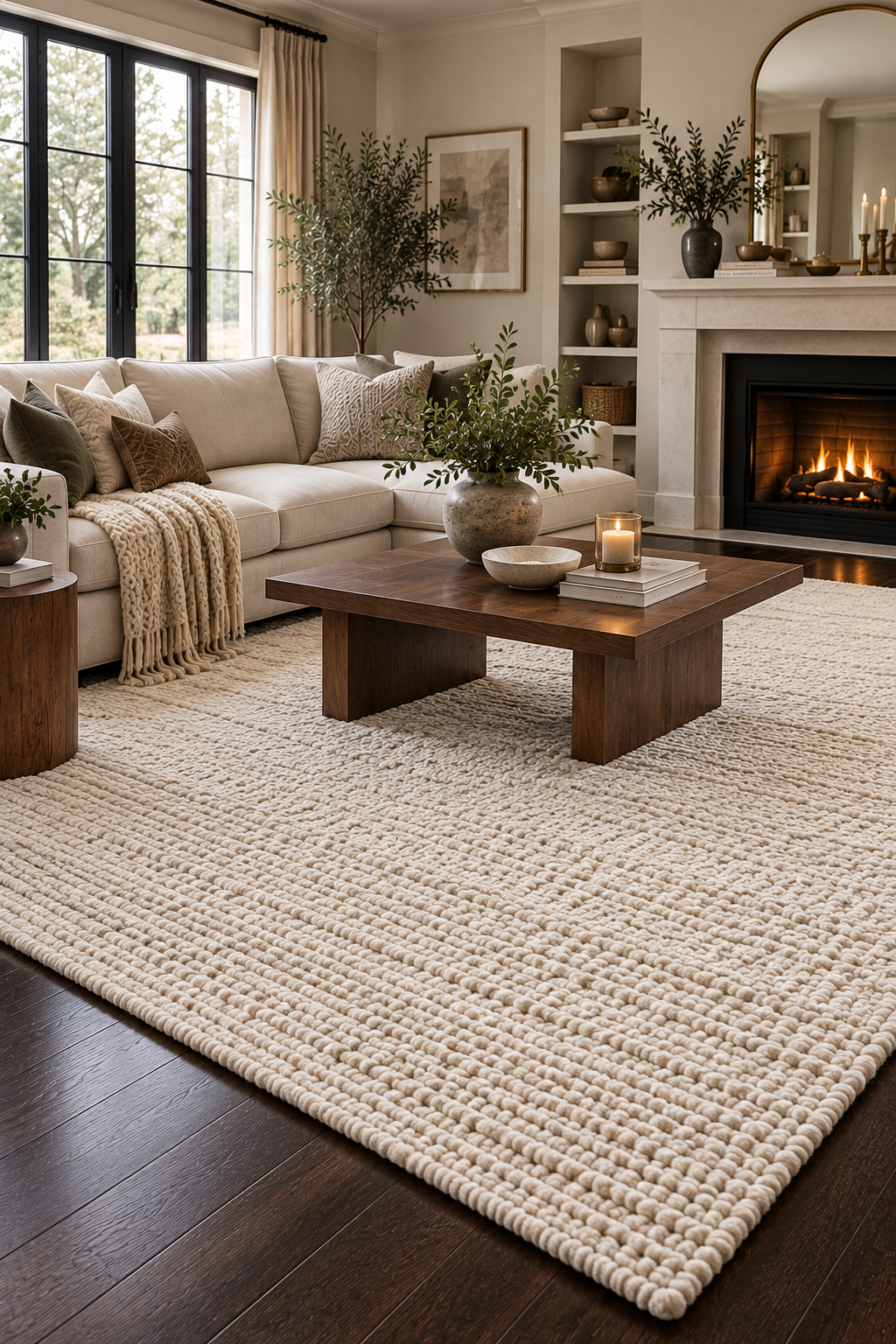 Large neutral rugs in soft ivory texture styled over dark wood floors