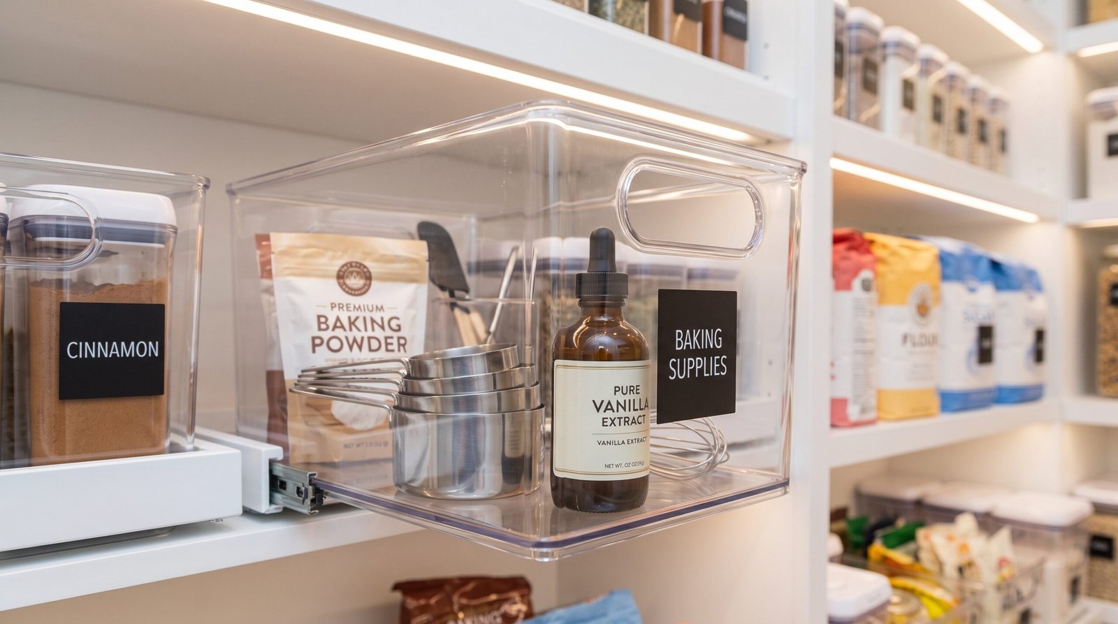 walk-in pantry organization ideas with clear bins categorized with minimalist labels