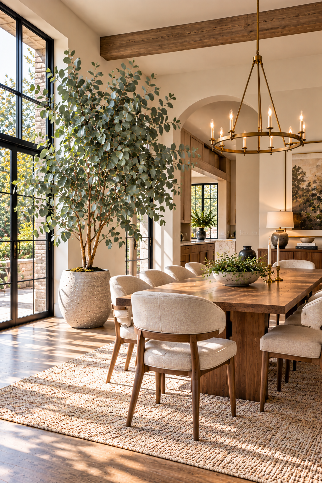 Large faux eucalyptus tree styled in a bright modern dining room