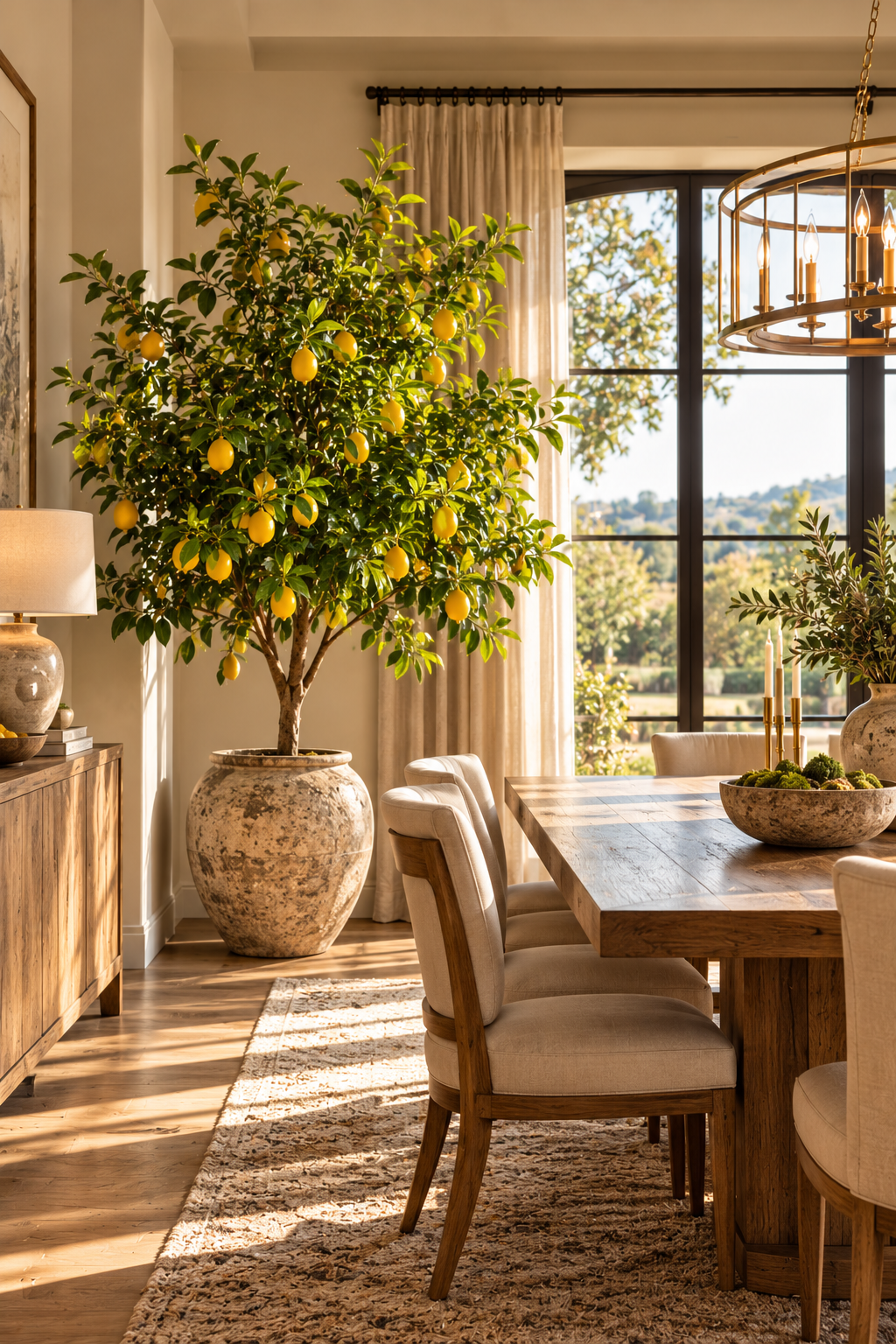Large faux lemon tree as one of the best indoor tree ideas for dining room spaces