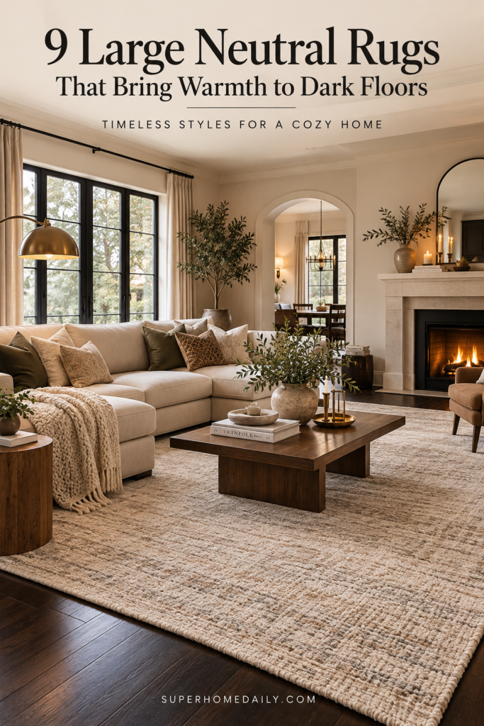 Large neutral rugs bringing warmth and softness to a living room with dark wood floors
