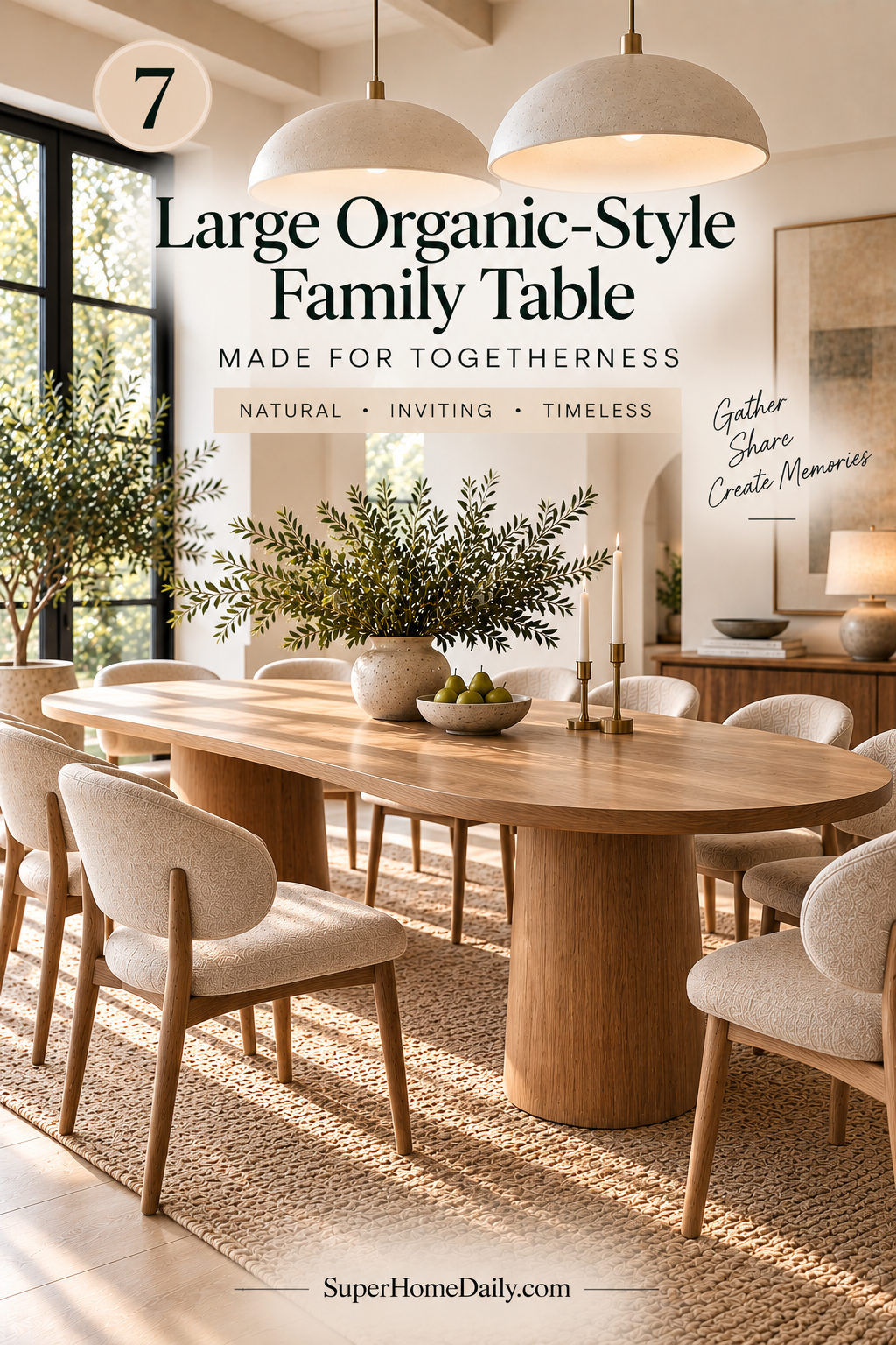 Large modern organic dining table with natural wood finish in a spacious dining room