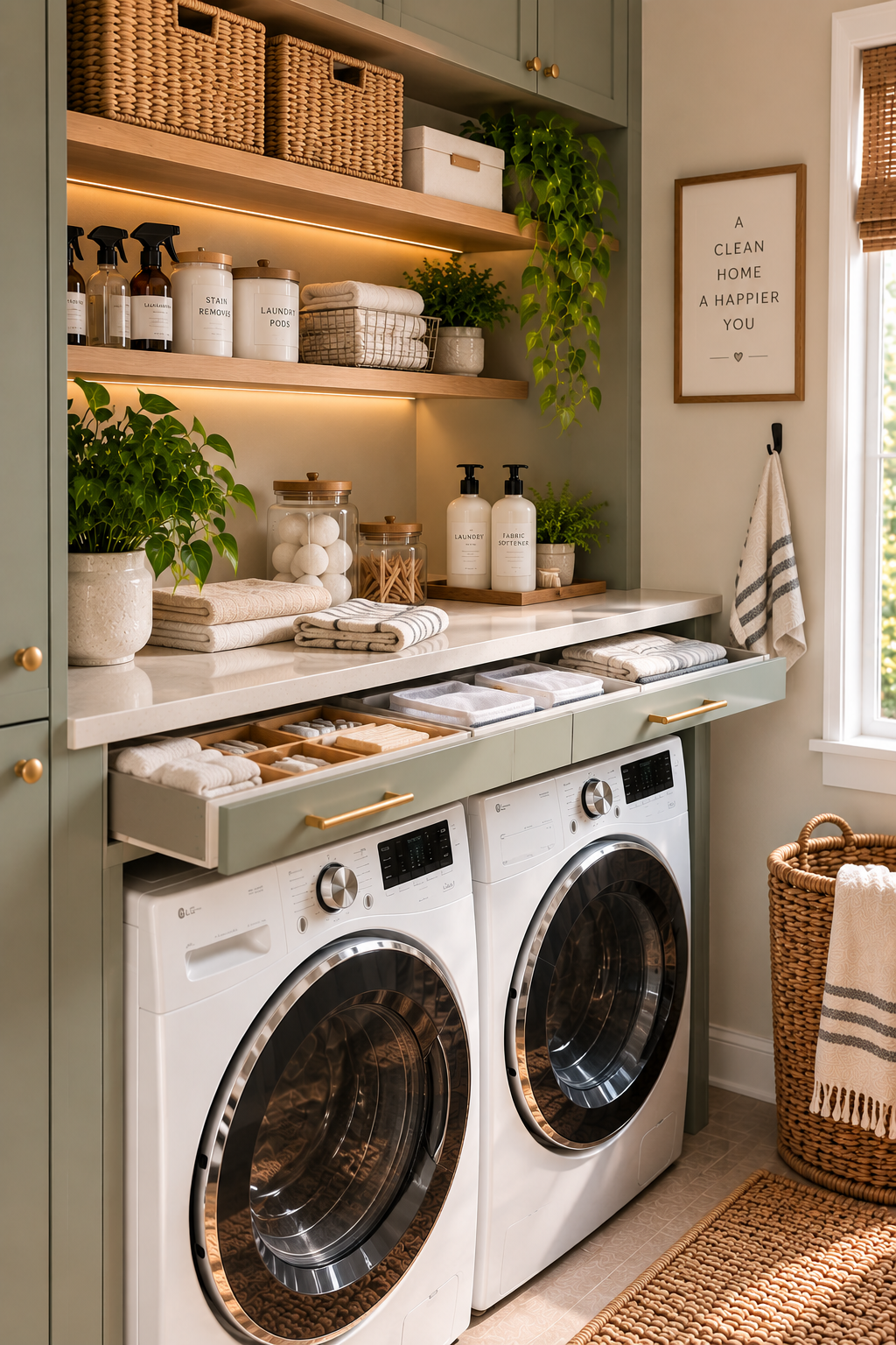 Organized laundry supply storage station in a small laundry room
