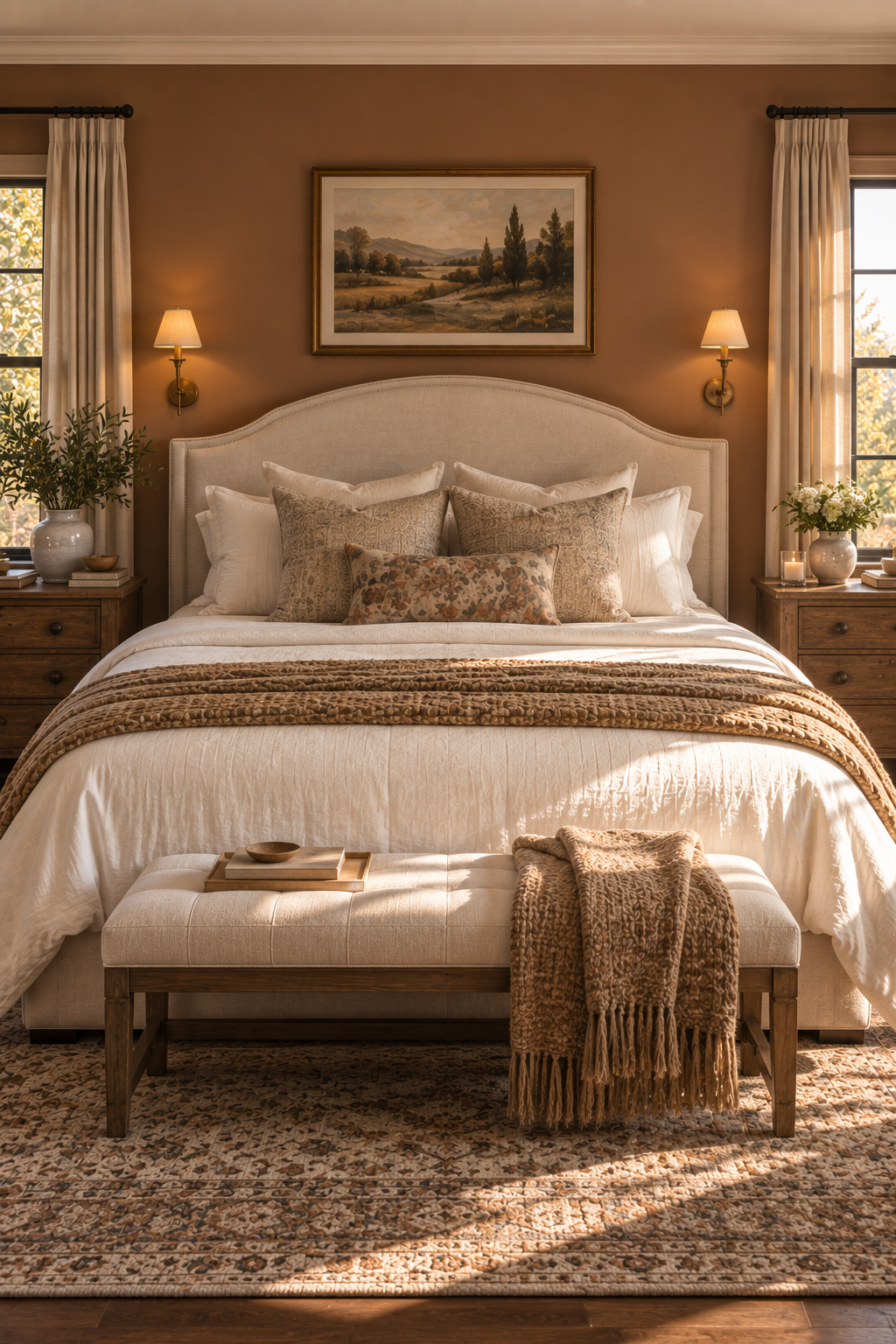 Layered decorative pillows adding texture to a cozy American bedroom