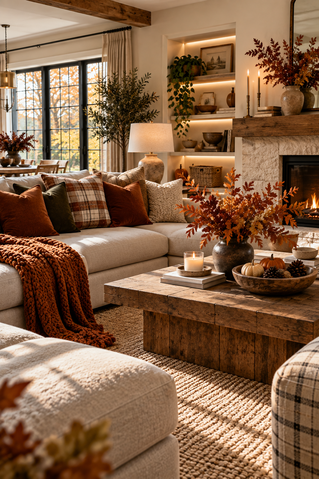 Layered fall textiles in a cozy living room with warm autumn colors