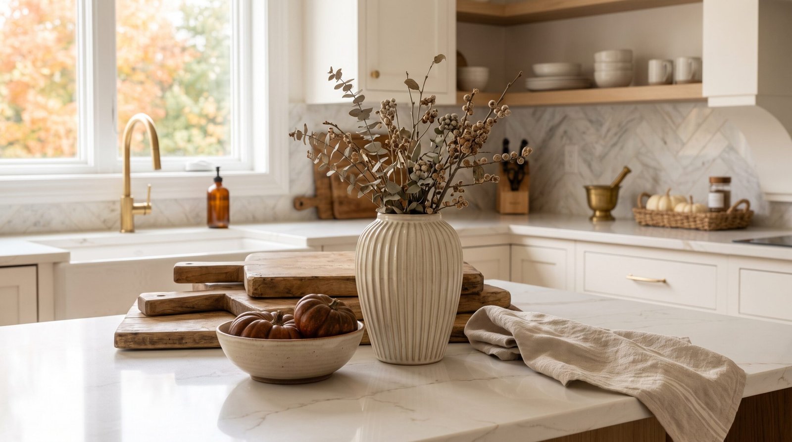 subtle fall kitchen decor ideas with warm neutrals layered wood boards