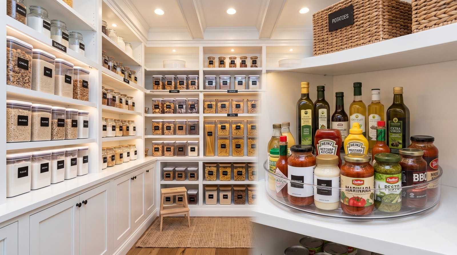 walk-in pantry organization ideas with clear bins lazy susan rotating turntable