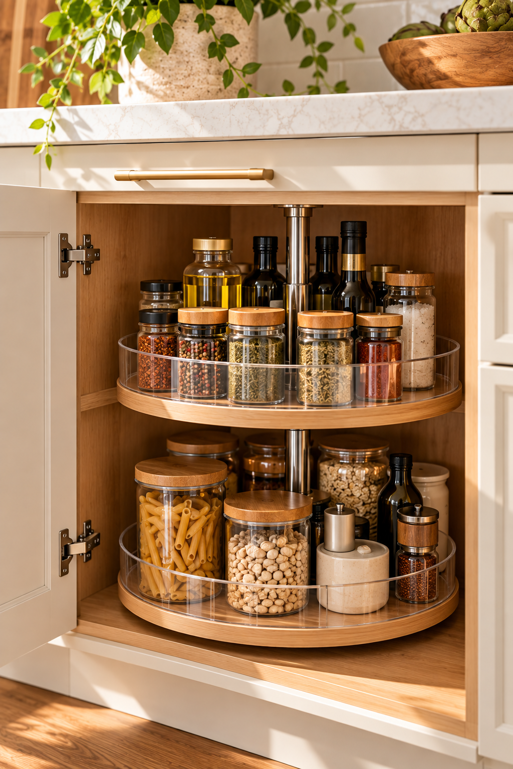 Lazy Susan turntable organizer for kitchen cabinet organization