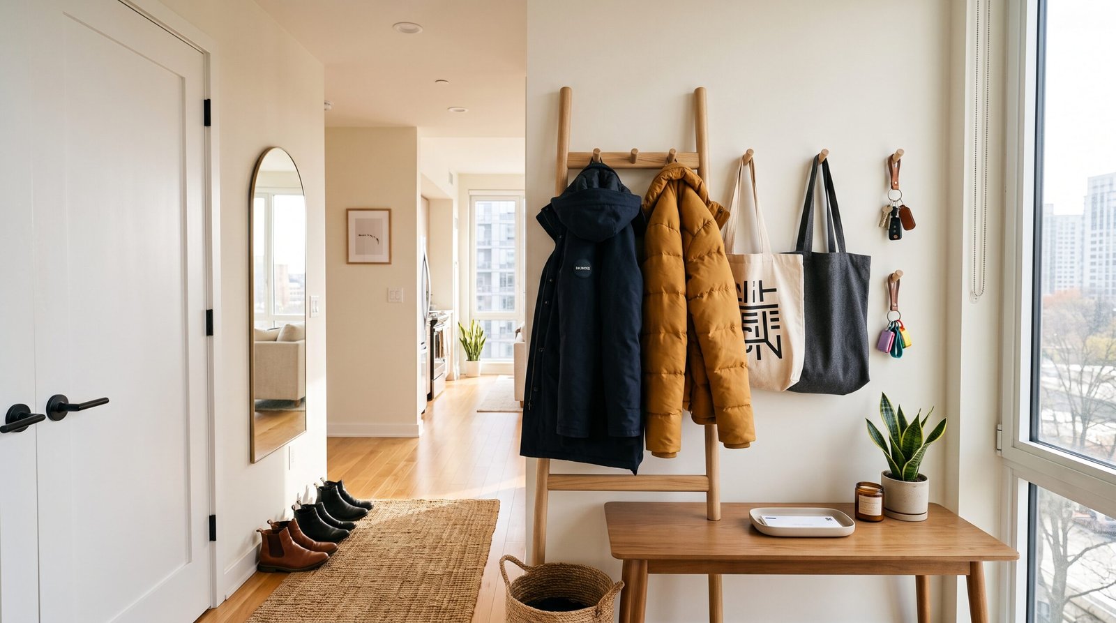 renter-friendly wall hook ideas for coats and keys leaning ladder