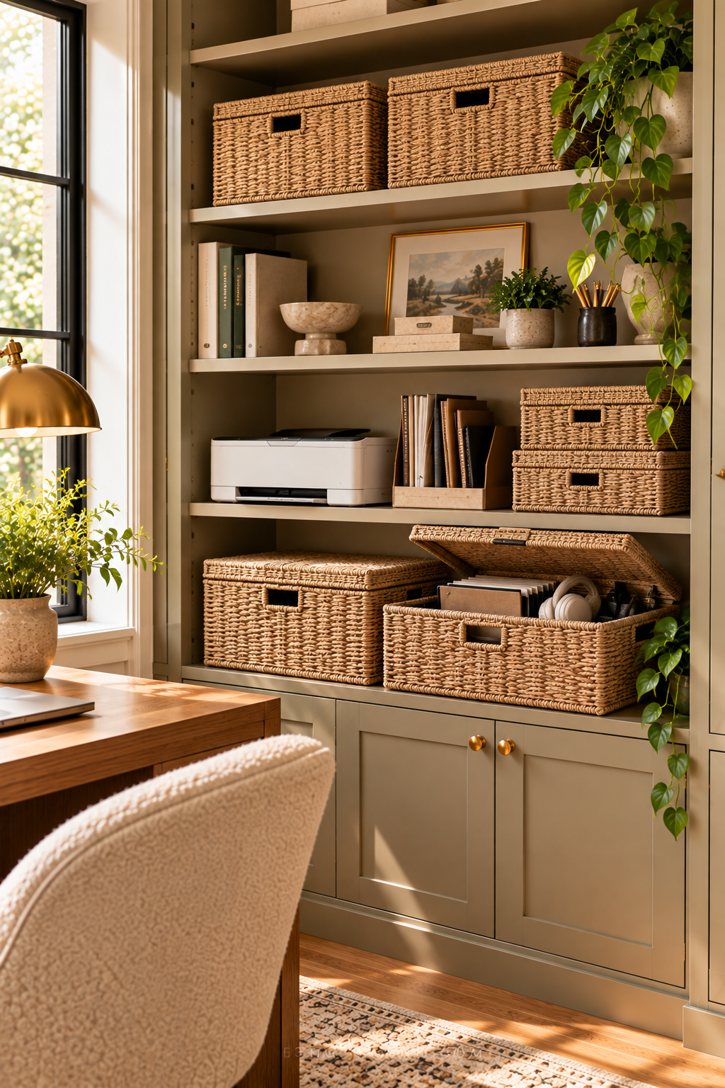 Lidded woven baskets for practical home office storage ideas
