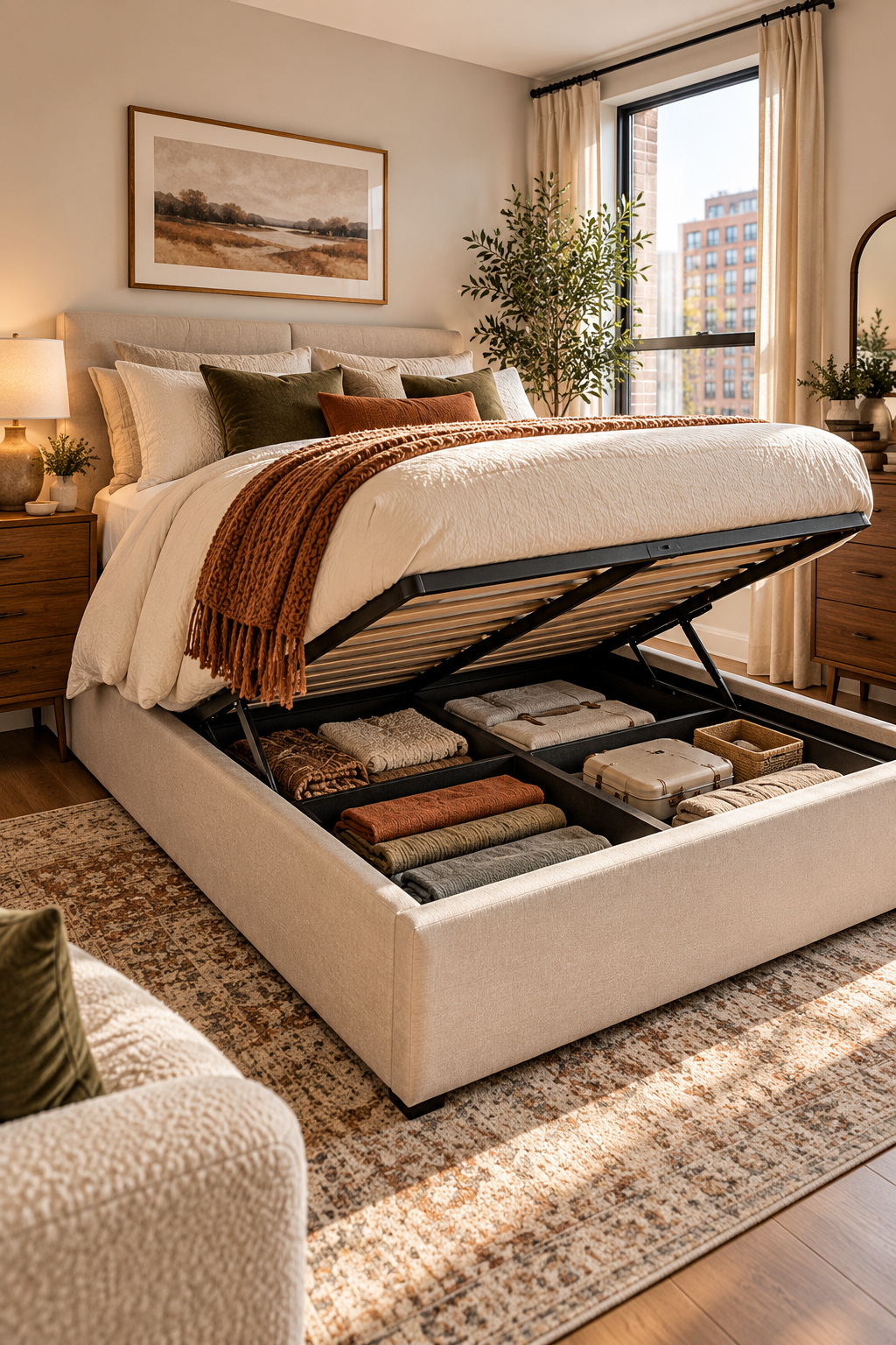 Lift-up storage bed for small space storage ideas in an apartment without closets