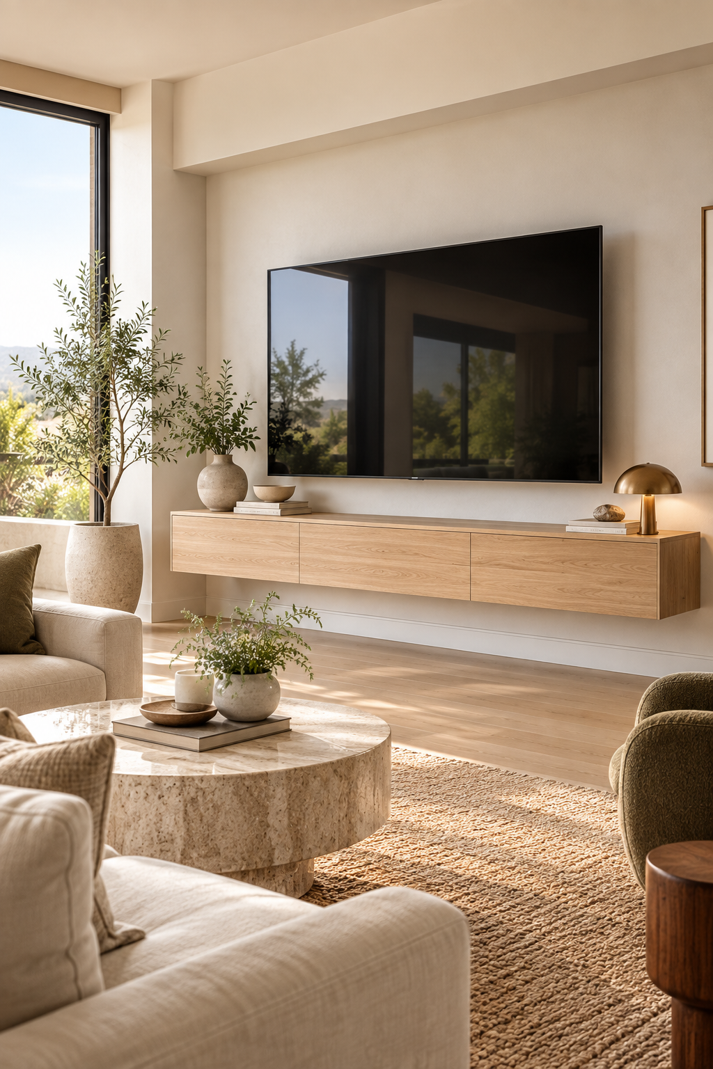 Light oak minimalist floating TV console with hidden cable management in a modern living room