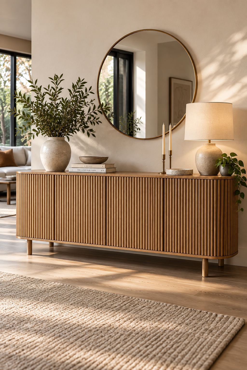 Light oak fluted wood sideboard with modern storage in a contemporary living room